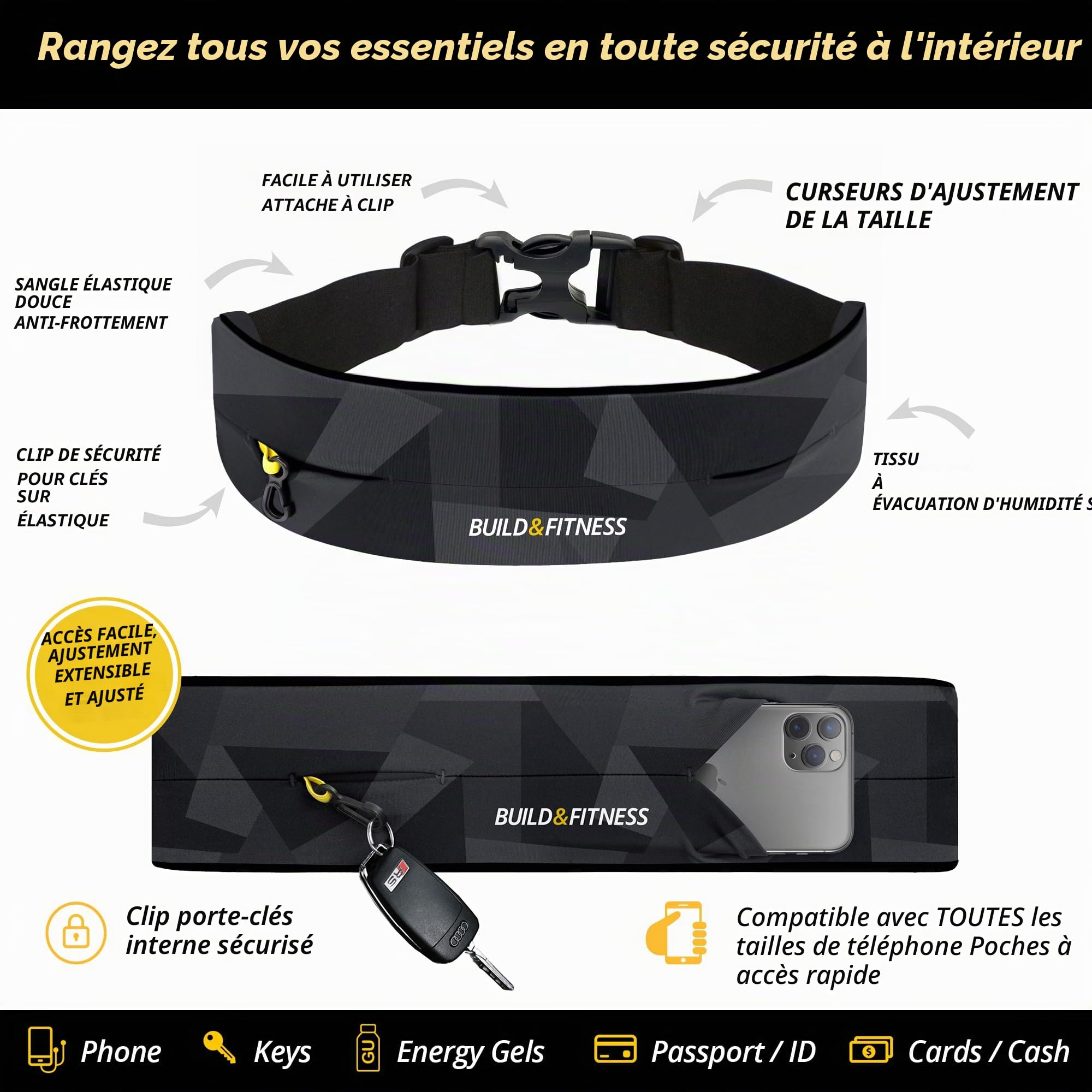 Build & Fitness Sac Banane – Taille Ajustable, Pochette Smartphone Légère, Mains Libres - Convient à Tous Les Téléphones, Clés, Cartes, AirPods - Marche, Yoga, Ceinture Course A Pied Hommes et Femmes
