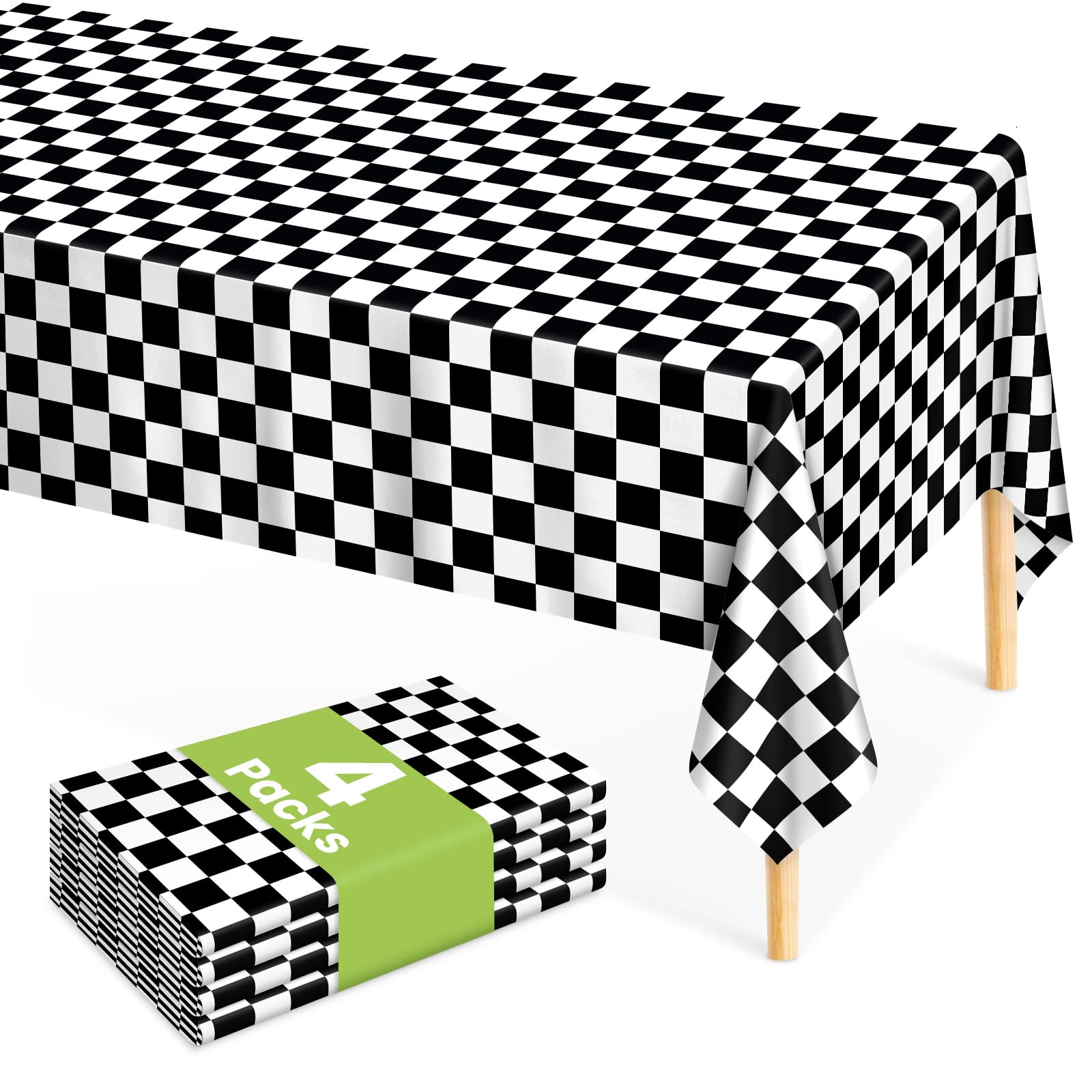 Mulbozy 4 Pcs Black and White Checkered Tablecloths, 54 × 108 Inches Black Checkered Flag Tablecover, Disposable Plastic Gingham Table Cover for