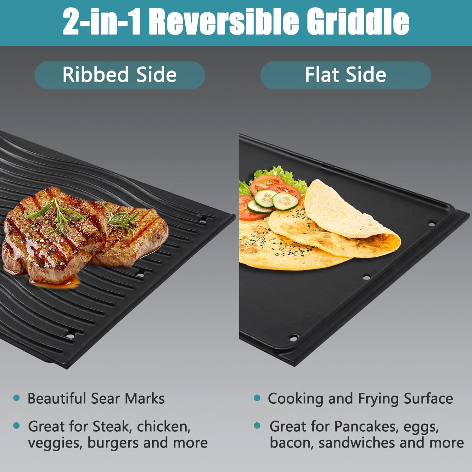 Criditpid 56040 56041 Reversible Griddle Replacement for Napoleon Prestige 500 Prestige PRO 500, Built-In 500, LEX 485 605 730 Series, P500RSIBPSS-3, 2-Sided Cast Iron Griddle Plate for Napoleon Grill