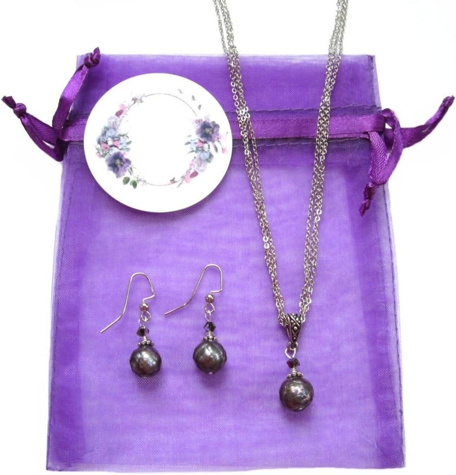Cultured Freshwater Pearl Necklace & Earring Set ~ Ivory Cream or Peacock Grey ~ Organza Bag & Tag Included