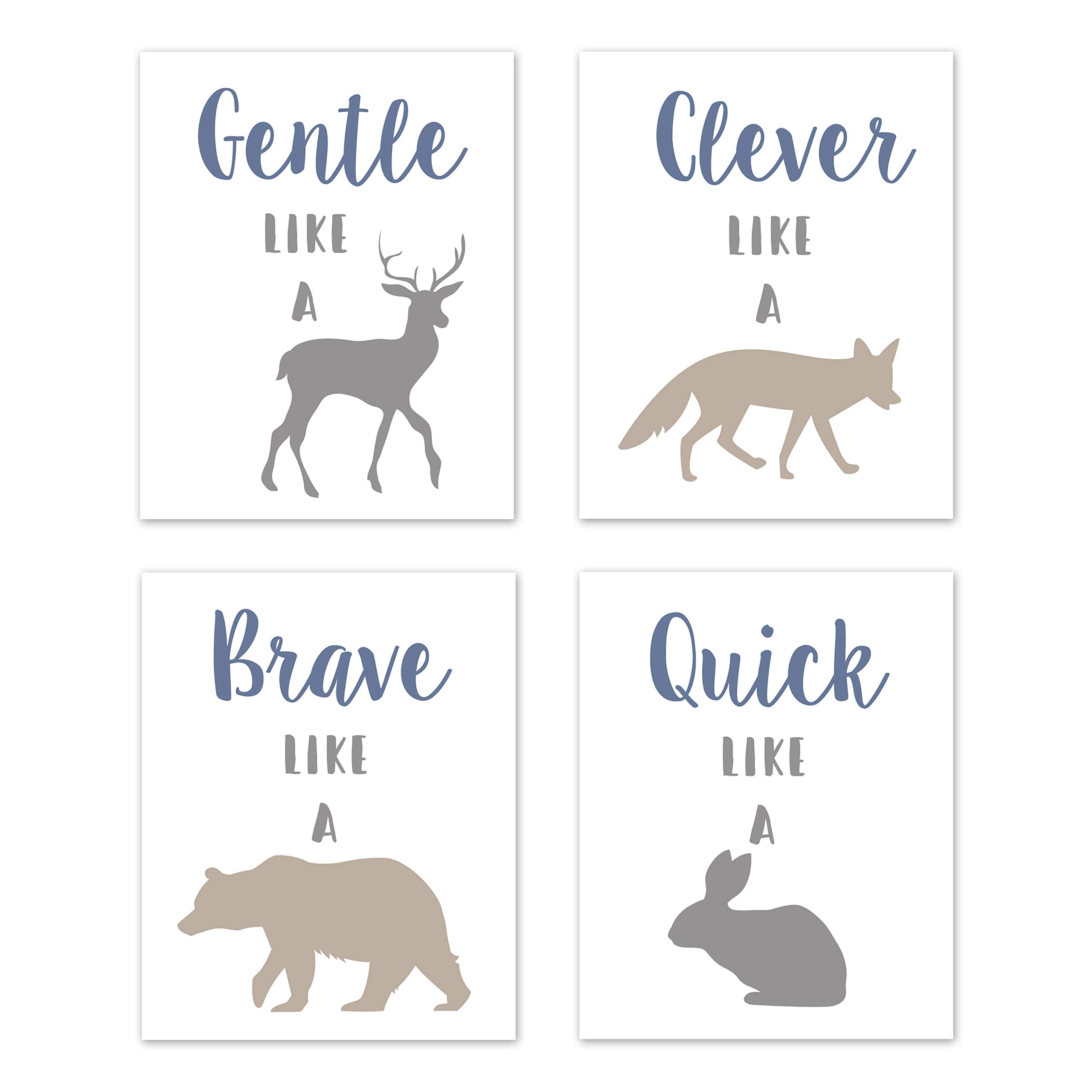 Sweet Jojo Designs Blue, Grey and Taupe Wall Art Prints Room Decor for Baby, Nursery, and Kids for Woodland Animals Collection - Set of 4 - Gentle, Clever, Brave, Quick