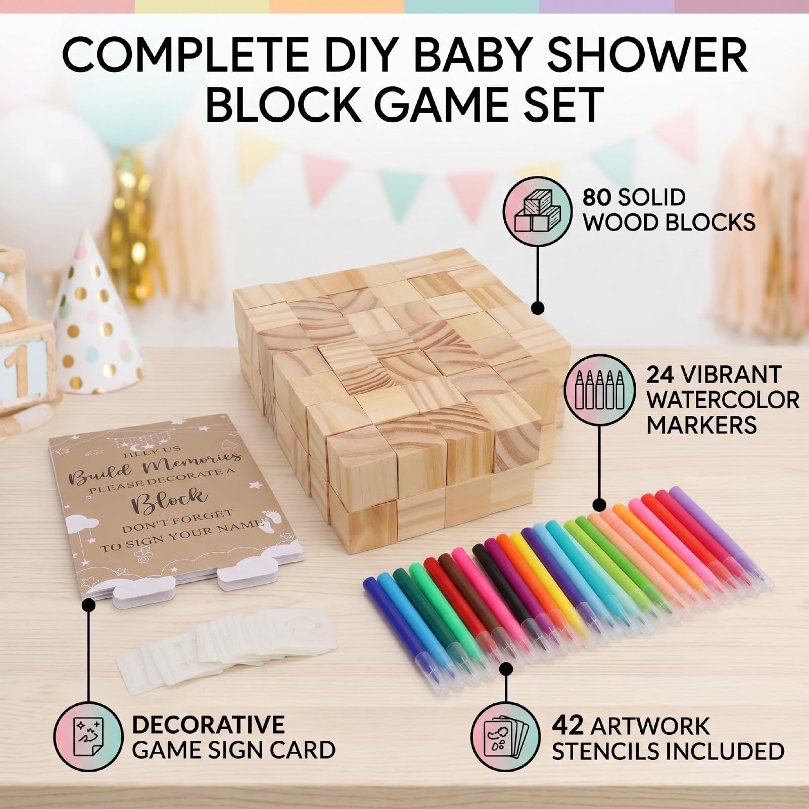Generic 147 Sztuk DIY Drewniany Zestaw Gier na Baby Shower Party Kreatywna Dekoracja Zabawa dla Dzieci i Rodziców Solidne Materiały