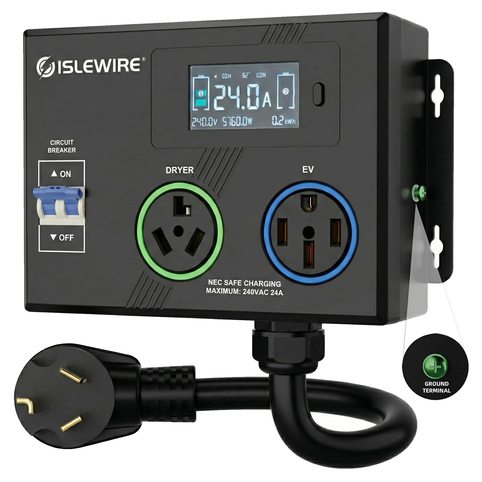 Smart Dryer Splitter for EV and Dryer, 240V Auto Power Switch for Dryer Outlet, 3-Color LED Ring, 3.4" LCD Display, No Rewiring Needed, NEMA 10-30 Plug, NEMA 10-30 & NEMA 14-50 Outlets (24 Amp)