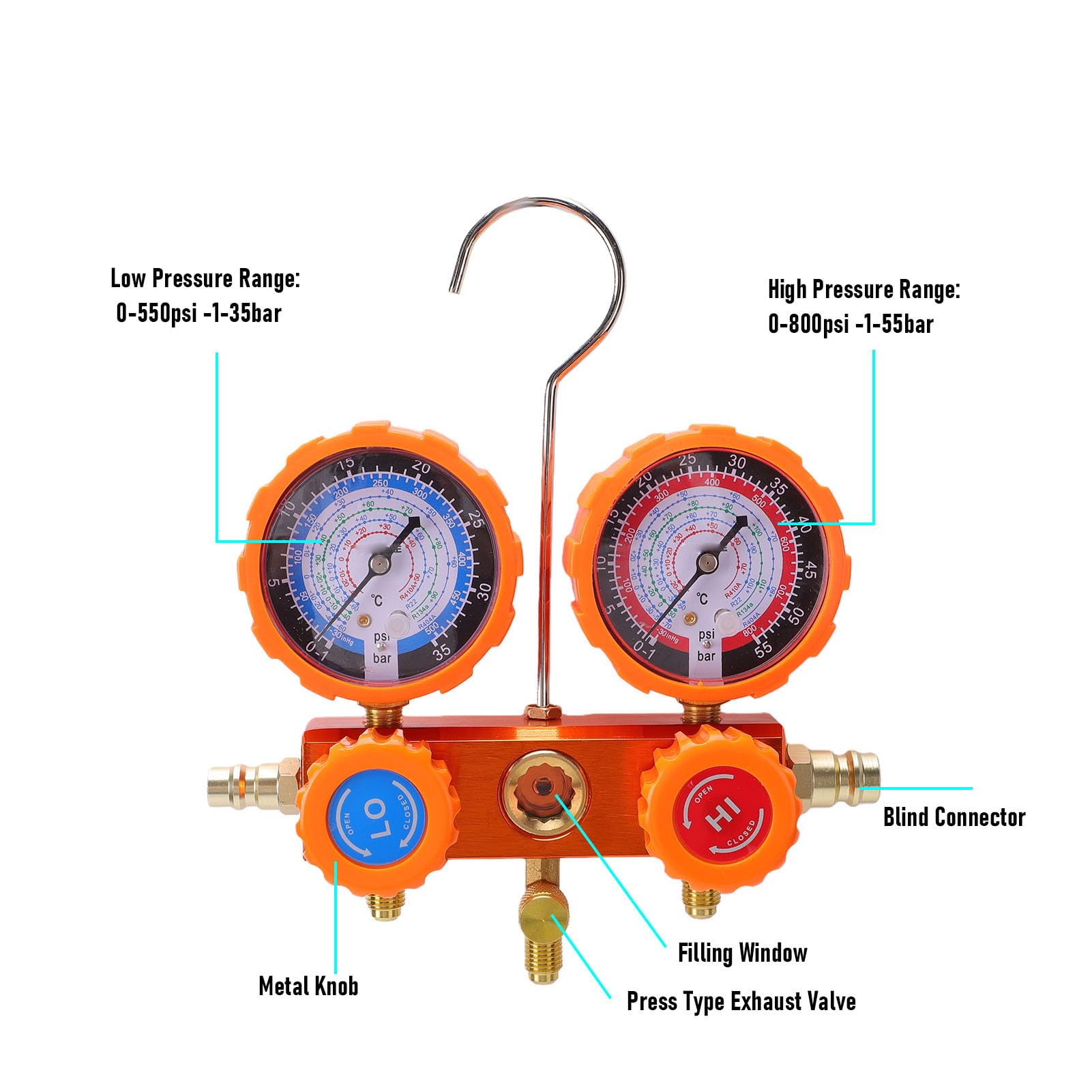FTVOGUE Manomètre HVAC 3 Voies pour Charge de Réfrigérant avec Tuyaux PVC 5 Pieds 600 Psi R134a R12 R22 R502 R1234yf Automobile