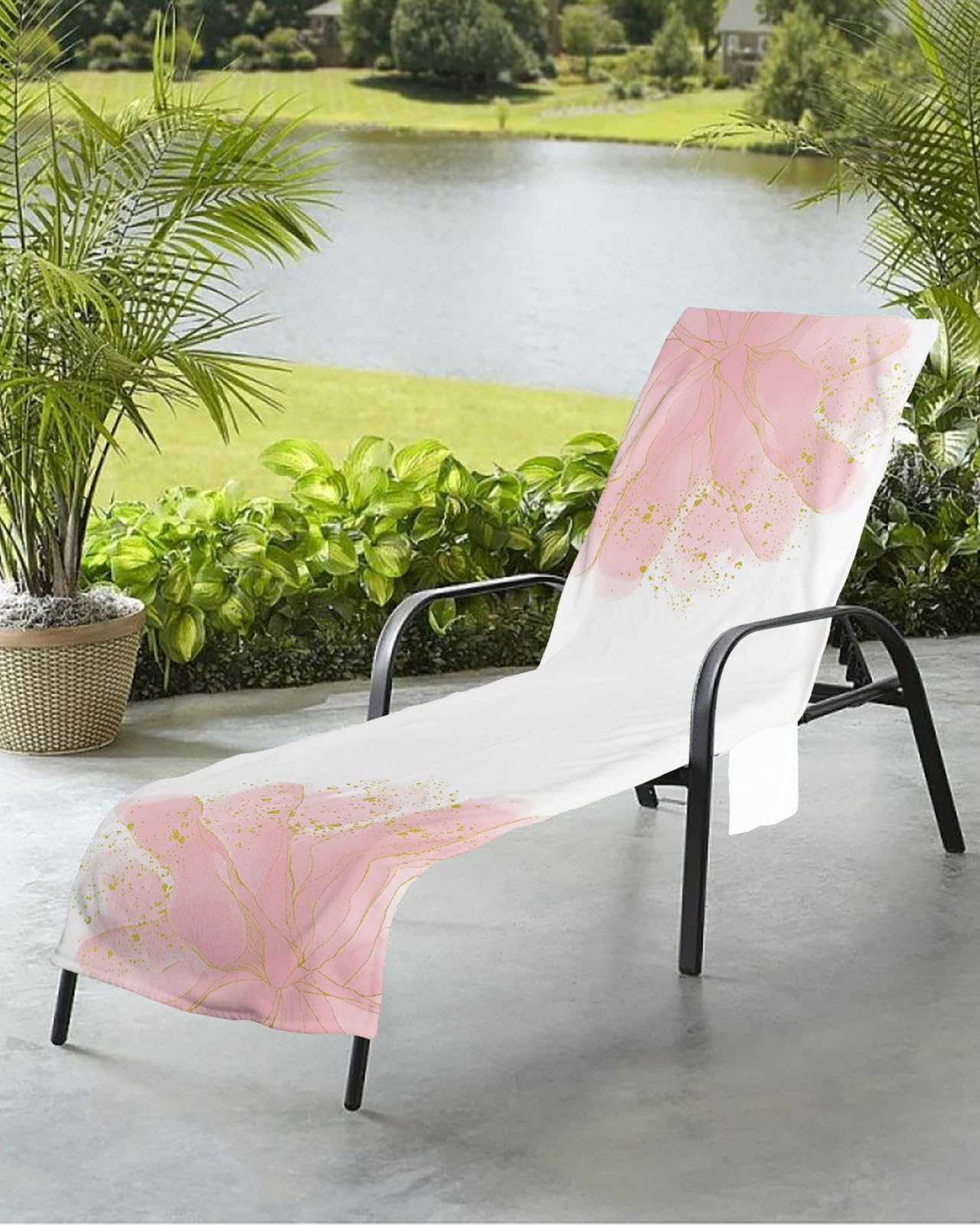Blush Pink Gold Beach Chair Towel Covers for Chaise Lounge with Side Pocket, Soft Plush Pool Towels Cover for Patio Sunbathing Outdoor 29''x85'' Abstract Contemporary Flower Art