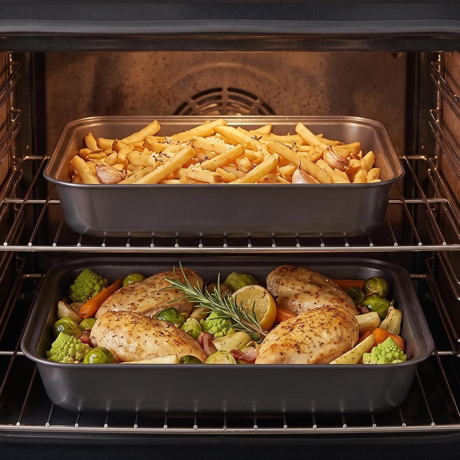 JPF - Set di 2 Teglie da Forno con Rivestimento Antiaderente - Lasagnera - Rostiera Rettangolare in Acciaio