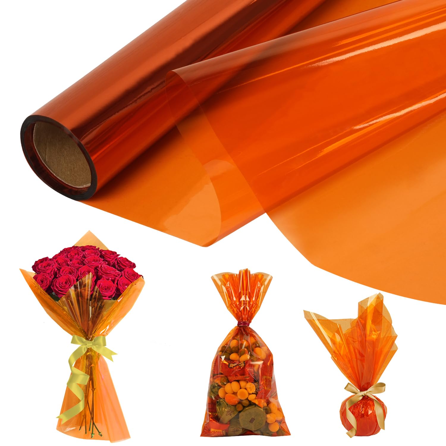 Cellophane Wrap Roll, Width 40cm x 30m Long 3.5 Mil Thick Transparent Red Flower, Gifts, Baskets, Treats, Cellophane Wrapping Paper, Colorful Cello Craft Christmas Holiday Decoration(Orange)
