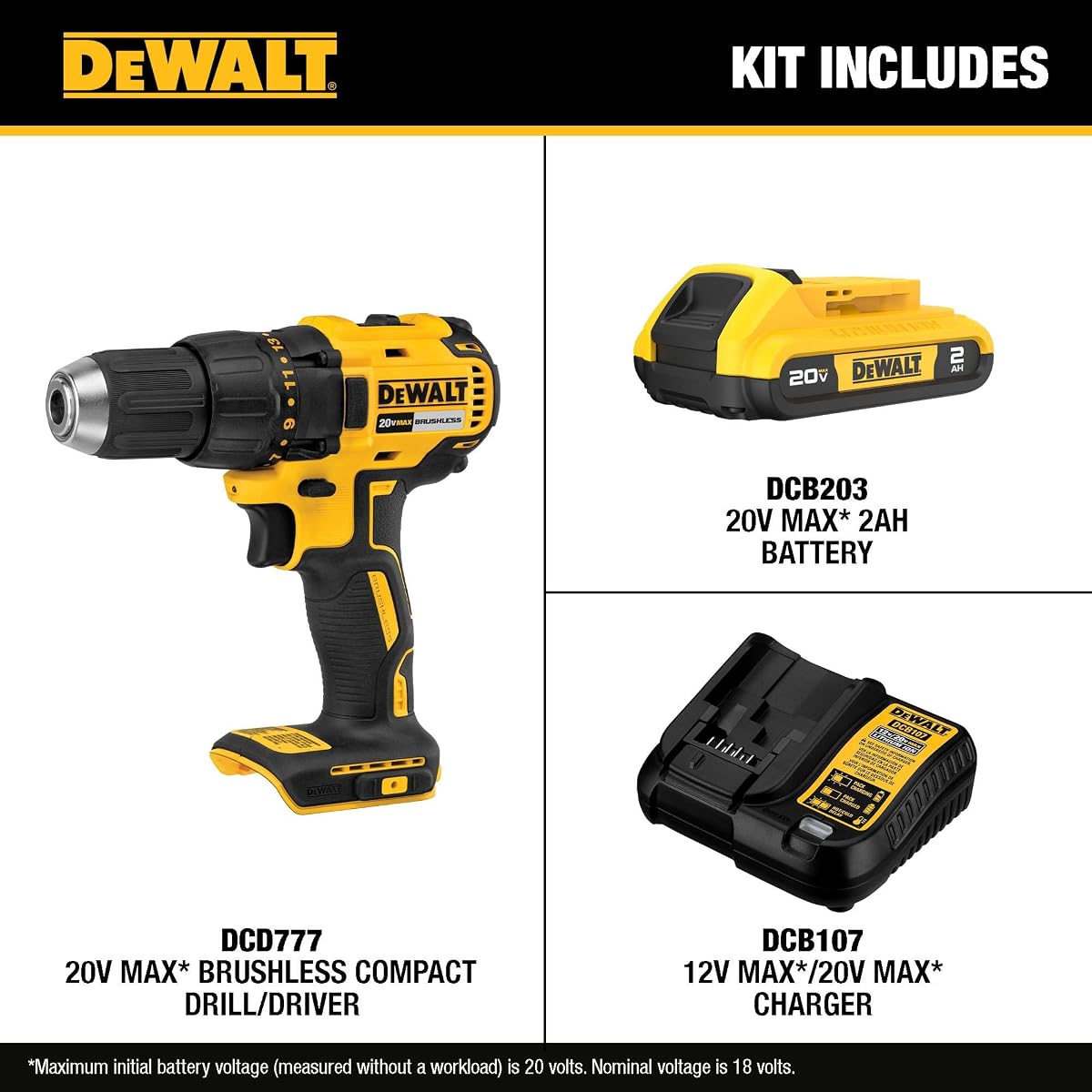 DEWALT 20V MAX Cordless Drill Driver Set, Electric Drill, Brushless 1/2 In 2 Speed, 2.0 Ah Battery and Charger Included, LED Light (DCD777D1) image 1