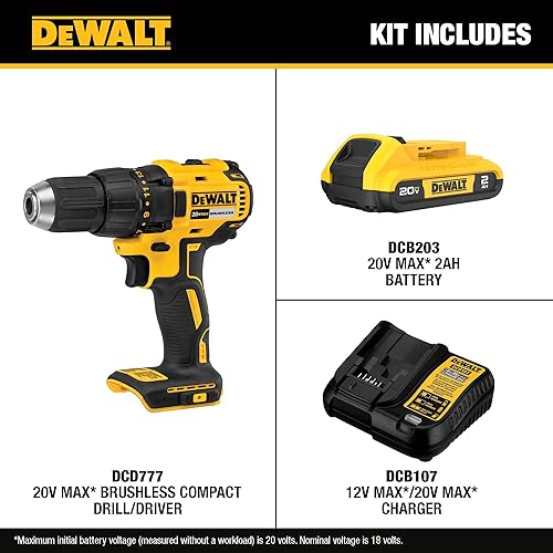 Vista 3 de DEWALT Juego de destornilladores inalámbricos de 20 V Max, taladro eléctrico, sin escobillas de 1/2 en 2 velocidades, batería de 2.0 Ah y cargador