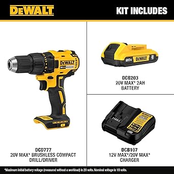 DEWALT 20V MAX Cordless Drill Driver Set, Electric Drill, Brushless 1/2 In 2 Speed, 2.0 Ah Battery and Charger Included, LED Light (DCD777D1)