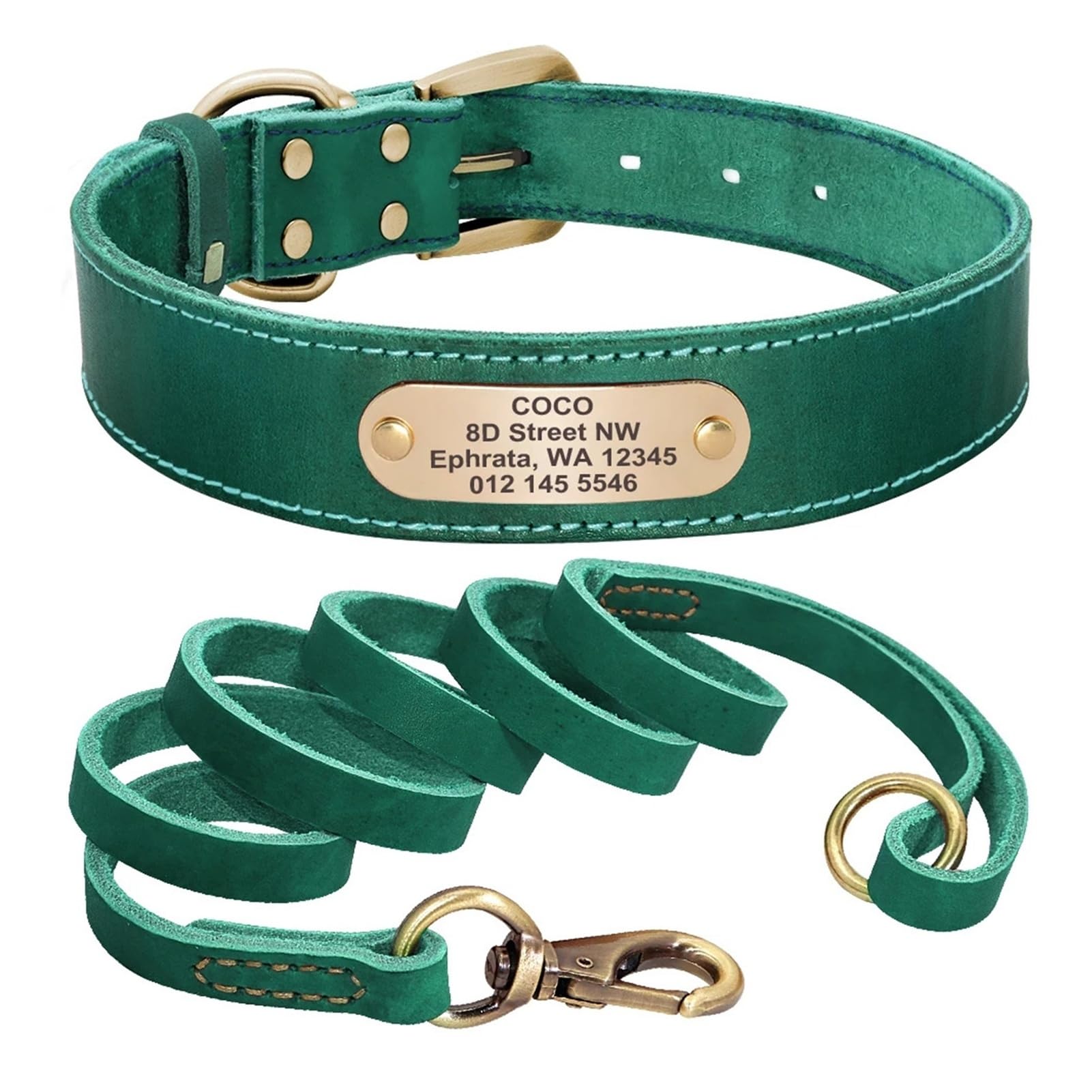 Collier chien cuir personnalisé XL vert anti-perte avec laisse assortie