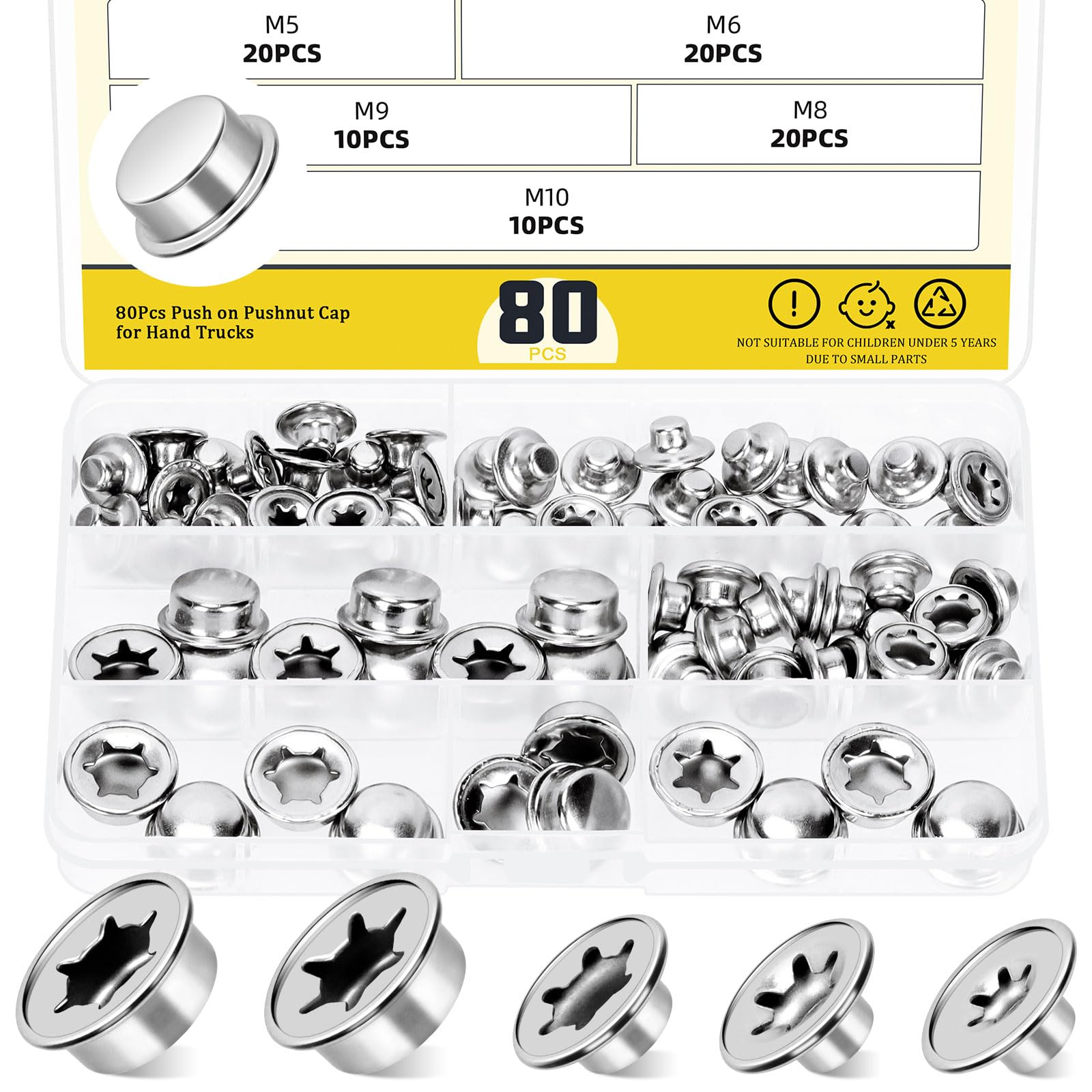 Mardatt 80Pcs Push on Pushnut Cap Stud 3/16", 1/4", 5/16", 3/8", 2/5" Axle Pushnut Caps Axle Cap Nut with Mechanical Zinc Plating, Permanent Washer Caps for Hand Trucks, Lawn Wagons, Rolling Bins