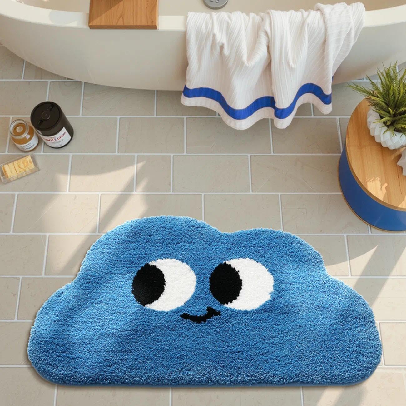 Cloud Bath Mat for Bathroom – 31.5"x 20" Cute Blue Cloud Bathroom Rug with Eyes, Soft Absorbent Non Slip Mat for Tub, Sink or Entryway, Cartoon Accent Bath Rug for Kids or Modern Decor
