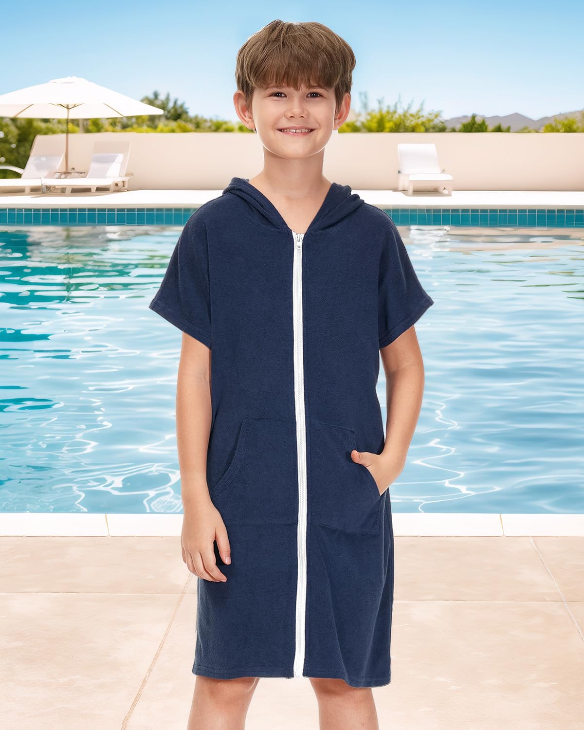 BesserBay Mädchen Handtuch Strandponcho Badeponcho Seitentaschen mit Kapuze Blau Reißverschluss Surf Poncho 130