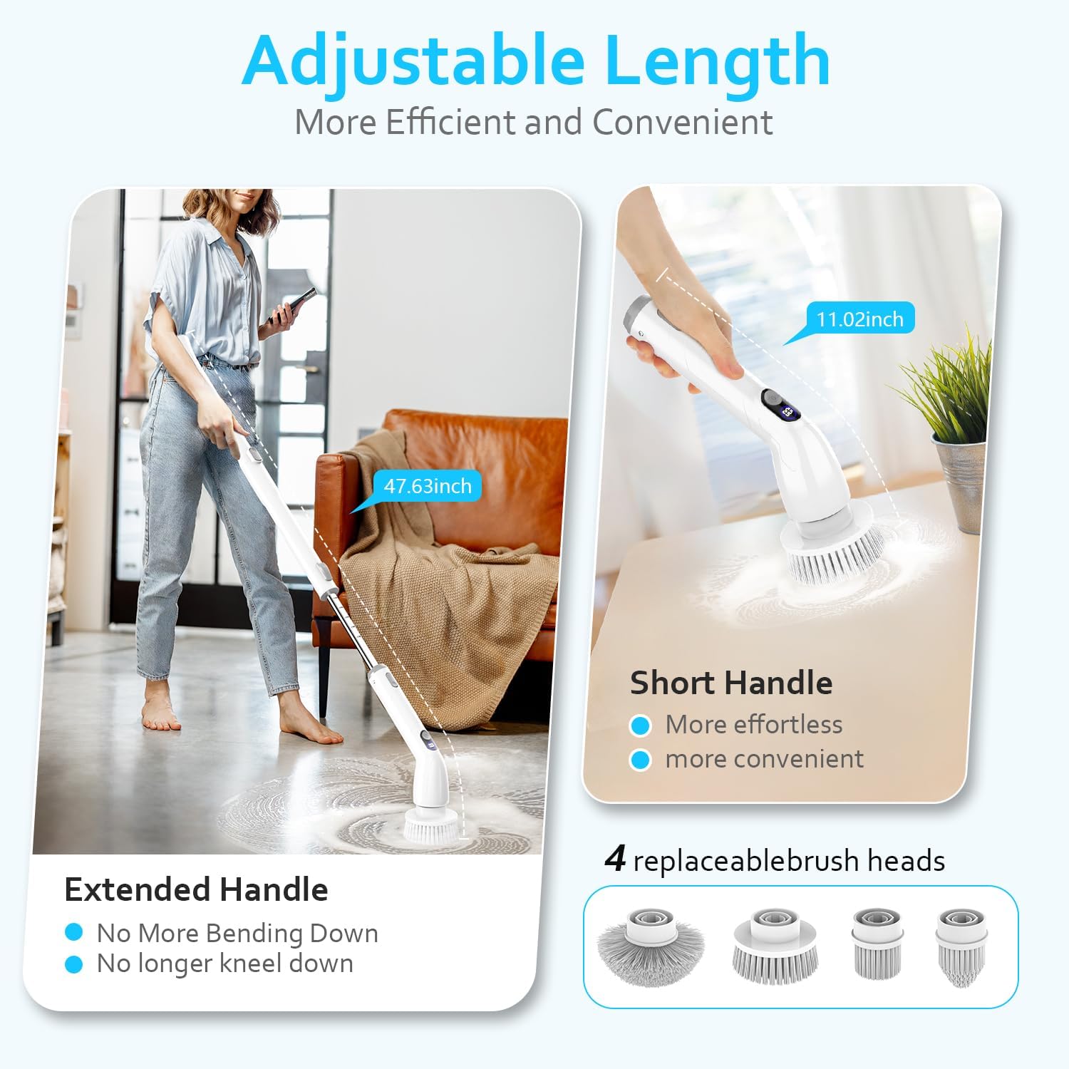 TUYU Electric Spin Scrubber,Full-Body IPX7 Waterproof Bathroom Scrubber with Power LCD Display, Adjustable Extension Handle and Cordless Electric Cleaning Brush for Bathroom,Kitchen Cleaning