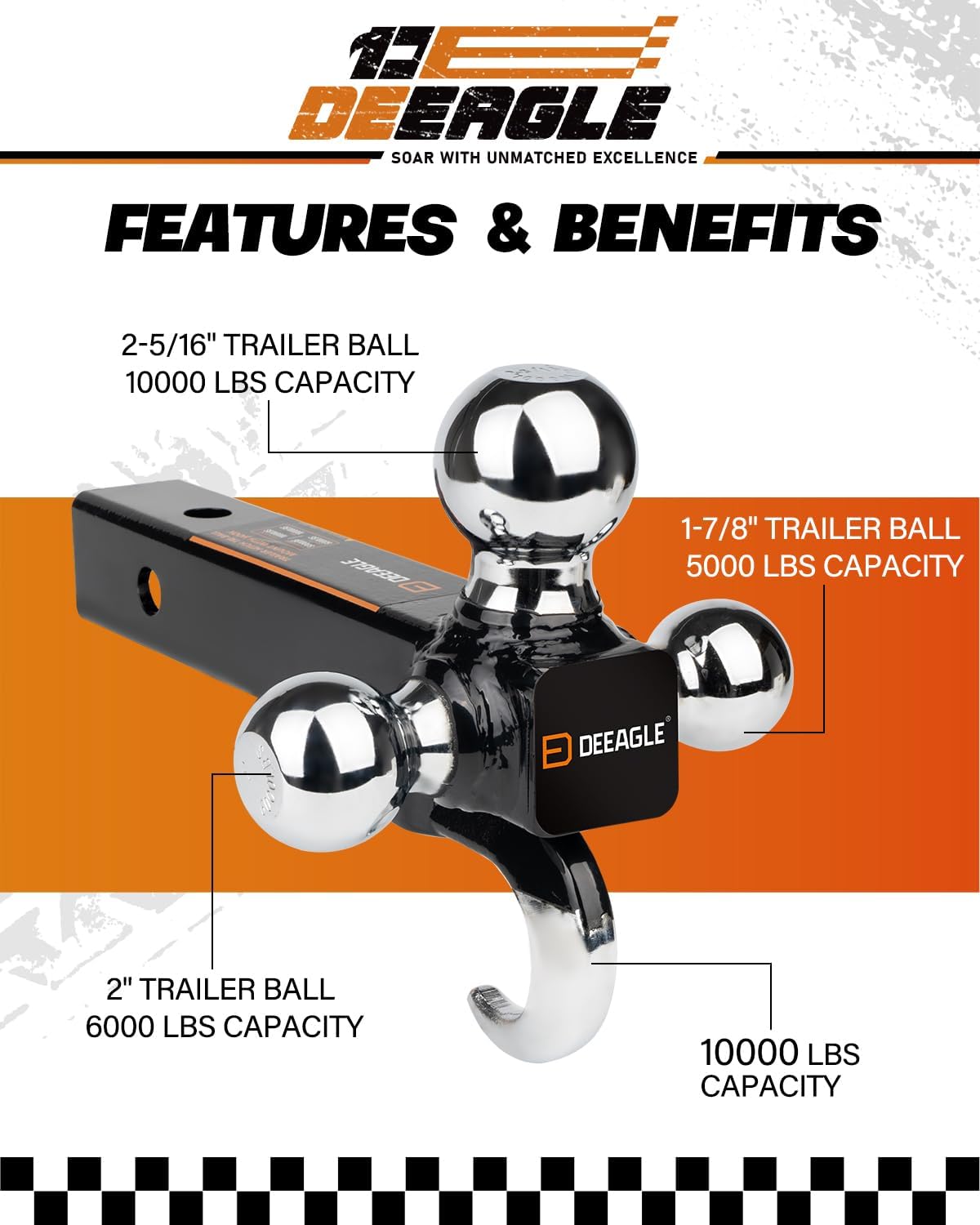DEEAGLE 3 Ball Hitch with Hook, Tri Ball Hitch, 1-7/8", 2" and 2-5/16" Ball, Fit 2” Hitch Receiver, Heavy Duty Ball Hitch