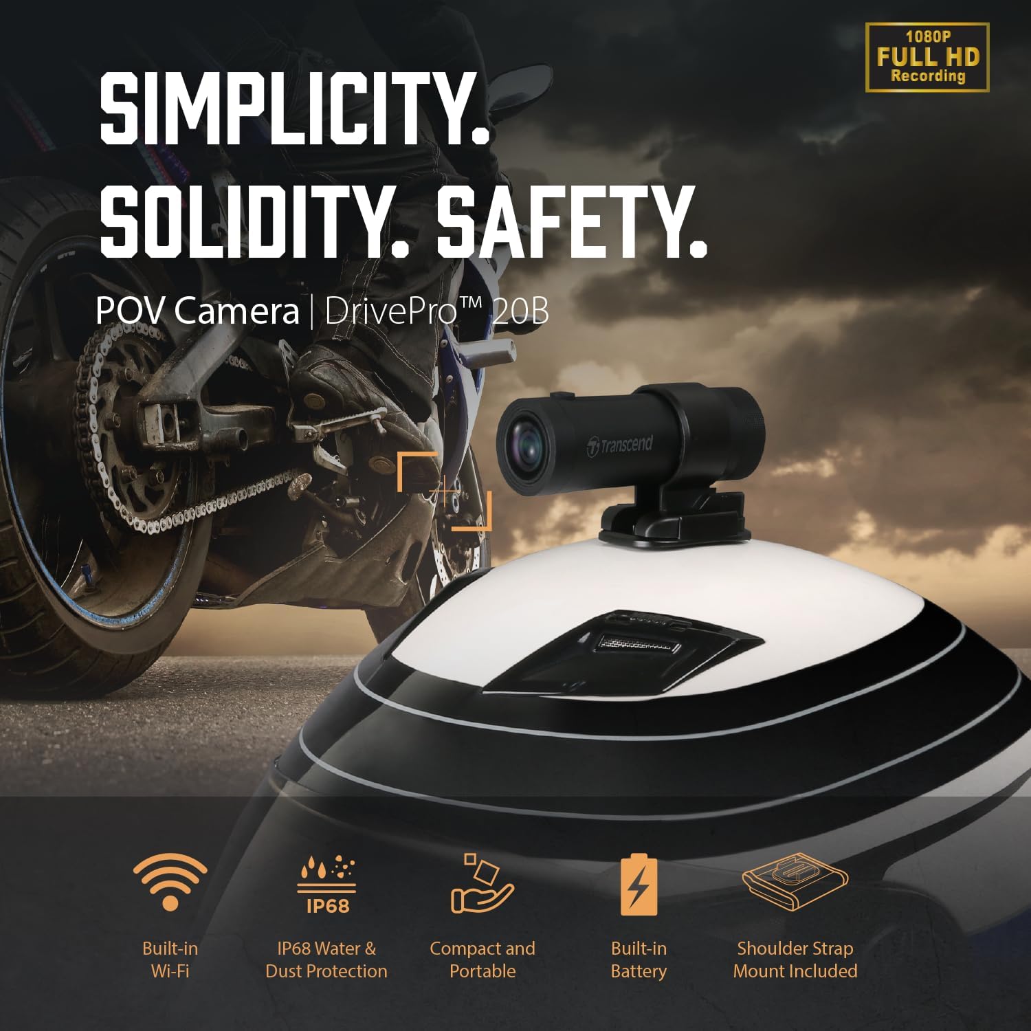 Transcend 64GB, 2K 1440p POV Vlogging Camera, 140 Wide-Angle, Built-in WiFi,G-Sensor, Night Vision, IP68, Emergency Recording, for Photography - TS-DP20B-64G