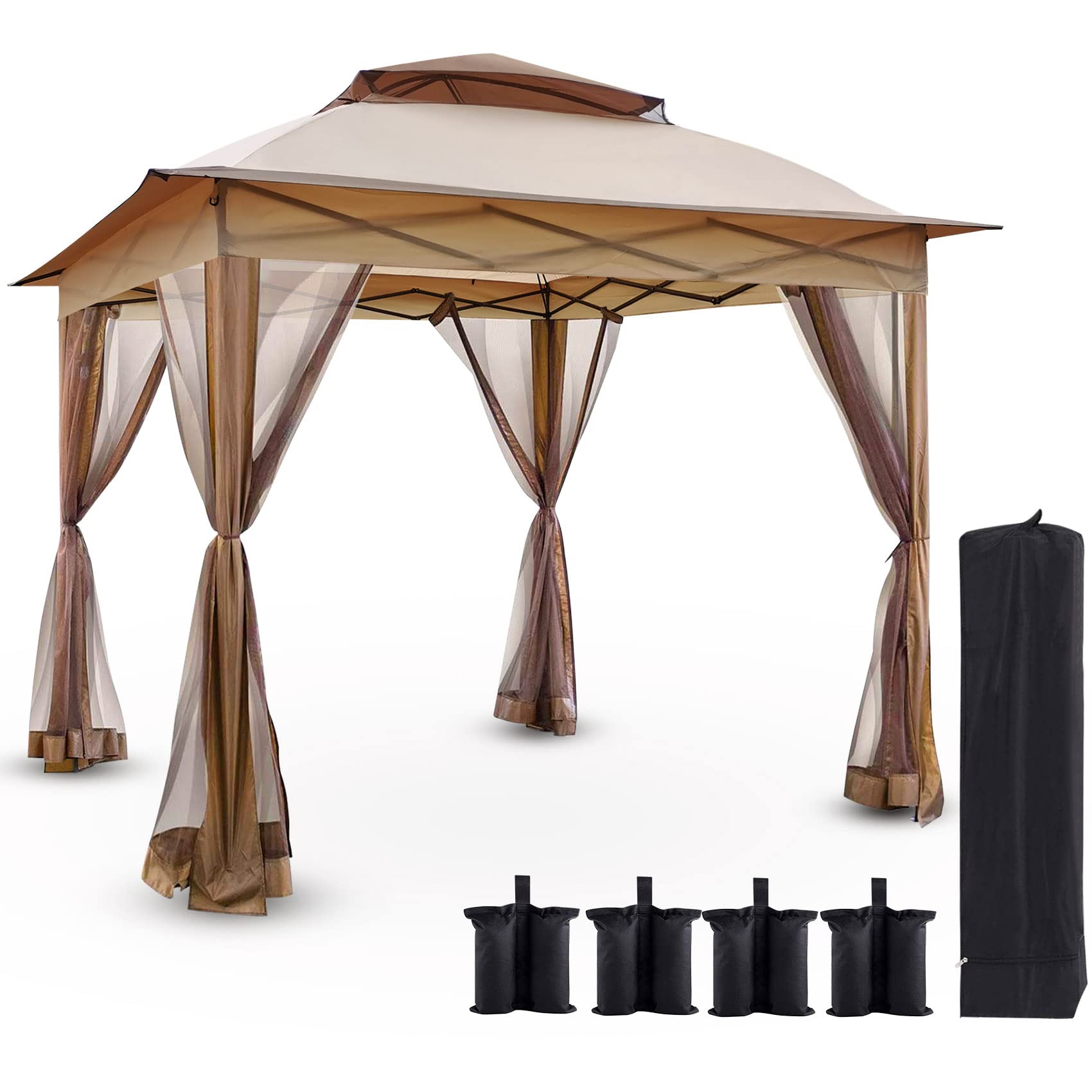 Seeutek 11'x11' Pop Up Gazebo Outdoor Canopy Tent for Backyard,Instant Pop Up Patio Gazebo Canopy Shelter with Mosquito Netting and 4 Sand Bags,with 121 Square Feet of Shade,for Lawn, Garden and Deck.