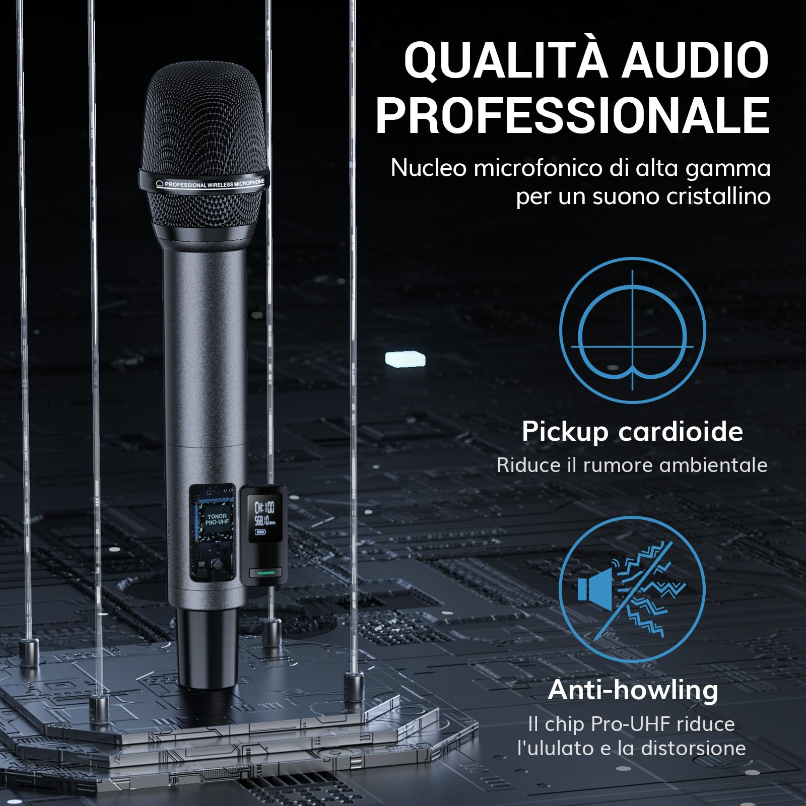 TONOR Microfono Wireless Ricaricabile, Sistema Doppio Microfono Palmare UHF in Metallo con Ricevitore Bluetooth, Portata UHF 80 m per Karaoke Domestico, Chiesa, Feste, DJ, Matrimoni TW790 Nero