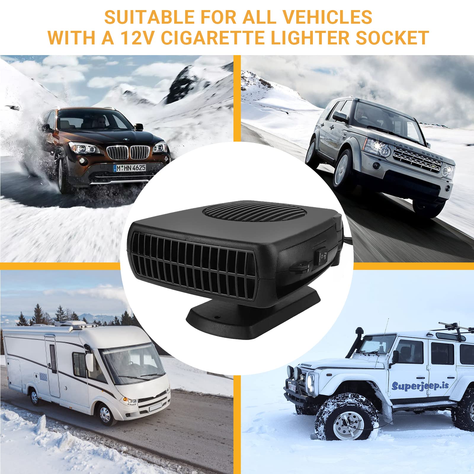2 in 1 Riscaldatore 12V per Auto 200W: Portatile Stufetta per Auto 12 Volt Ventola di Riscaldamento Sbrinatori Demister per Parabrezza con Spina Accendisigari per Auto, Camper, Taxi, Autobus, SUV