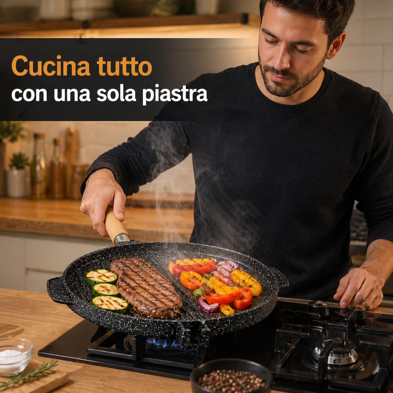 Generico Padella piastra in alluminio 32 cm bistecchiera grill con superficie rigata, doppia funzione liscia e griglia, manico removibile, ideale per carne verdure e cottura su fornello
