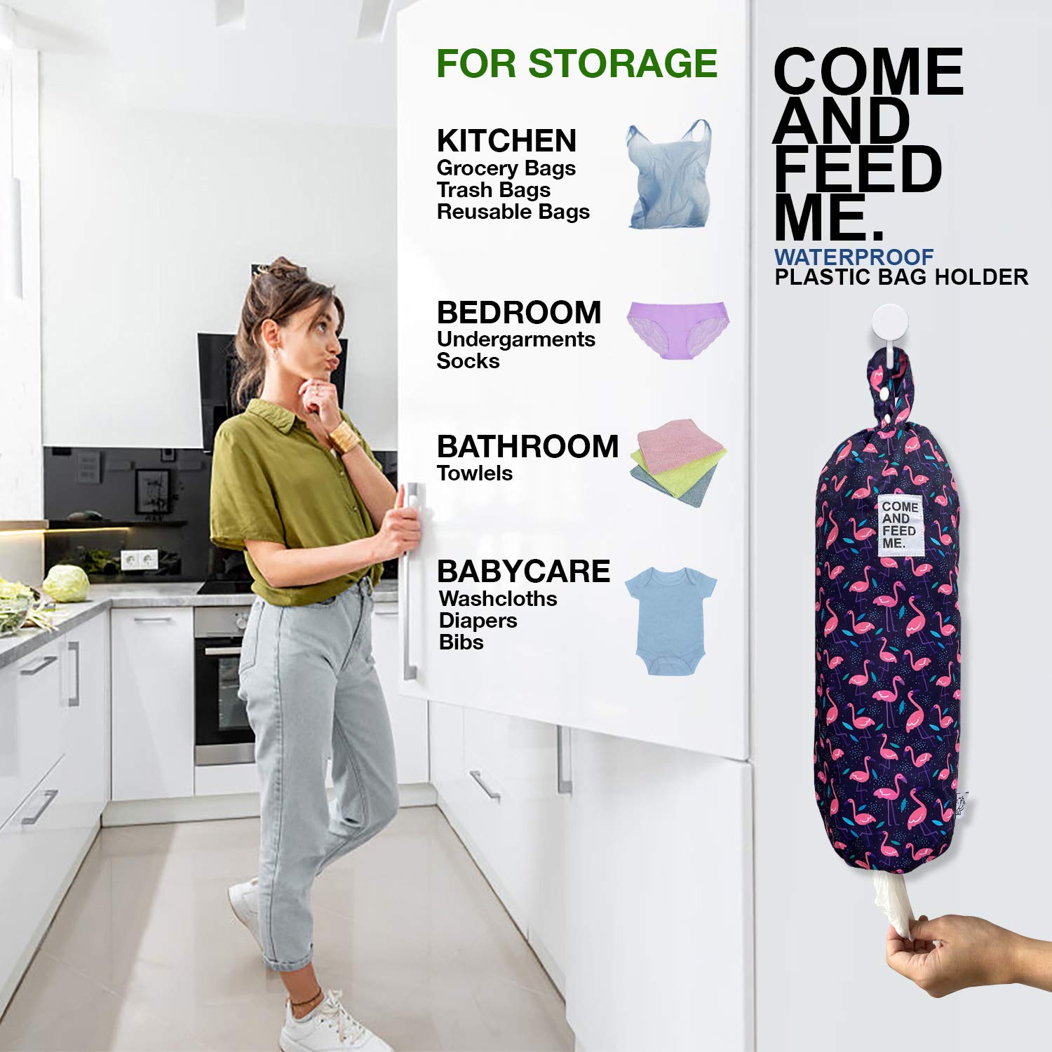 2 bolsas de basura de plástico impermeables para comestibles, organizador de bolsas de almacenamiento de cocina, dispensador de bolsas de almacenamiento de múltiples diseños, tamaños de flamencos