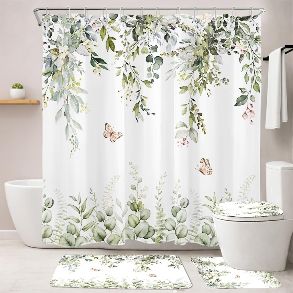 4 Pcs Sage Green Eucalyptus Shower Curtain Set with Toilet Lid Cover and Non-Slip Bathroom Rugs, Green Leaf and Floral Butterfly on White Shower Curtain Rustic Bathroom Decor, 72L X 72W inches
