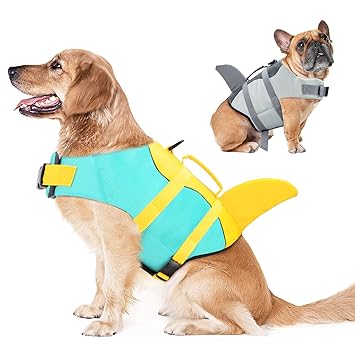 INVENHO Dog Life Jacket Puppy Life Vest for Swimming Adjustable Dog Shark Life Vest with Safety Handle, Ripstop Pet Life Preserver with Superior Buoyancy for Large Medium Small Dogs (Large, Yellow)
