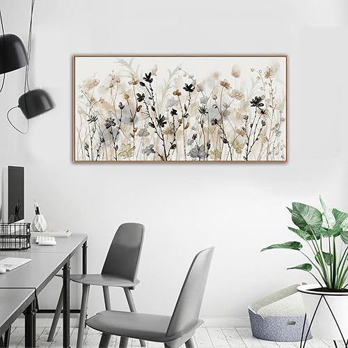Miniatura 6 de Lienzo enmarcado de flores para pared, cuadros abstractos de paisaje gris crema marrón, impresiones sobre lienzo para el hogar, sala de estar,