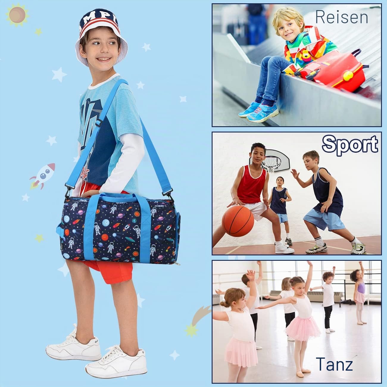 Reisetasche Kinder Jungen,RAVUO Wasserdicht Sporttasche Trainingstasche Mit Nassraum, Duffle Bag Schwimmtasche Badetasche Groß für Schule Reisenthel