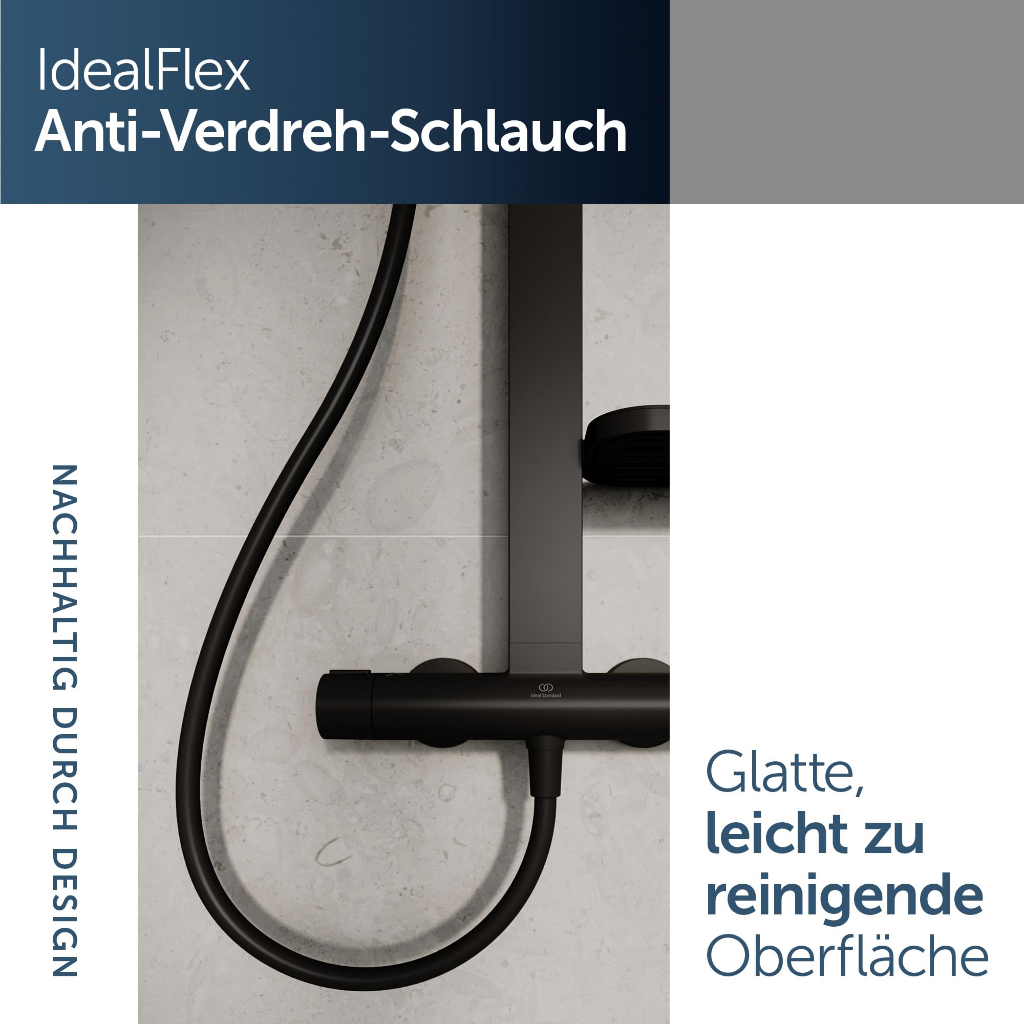 Ideal Standard Ceratherm Alu+ Duschsystem, Hergestellt aus 100% recyceltem Aluminium, Wassersparende Brause mit variablen Strahlarten und Verbrühschutz – Schwarz Matt (356x501x1113 mm)
