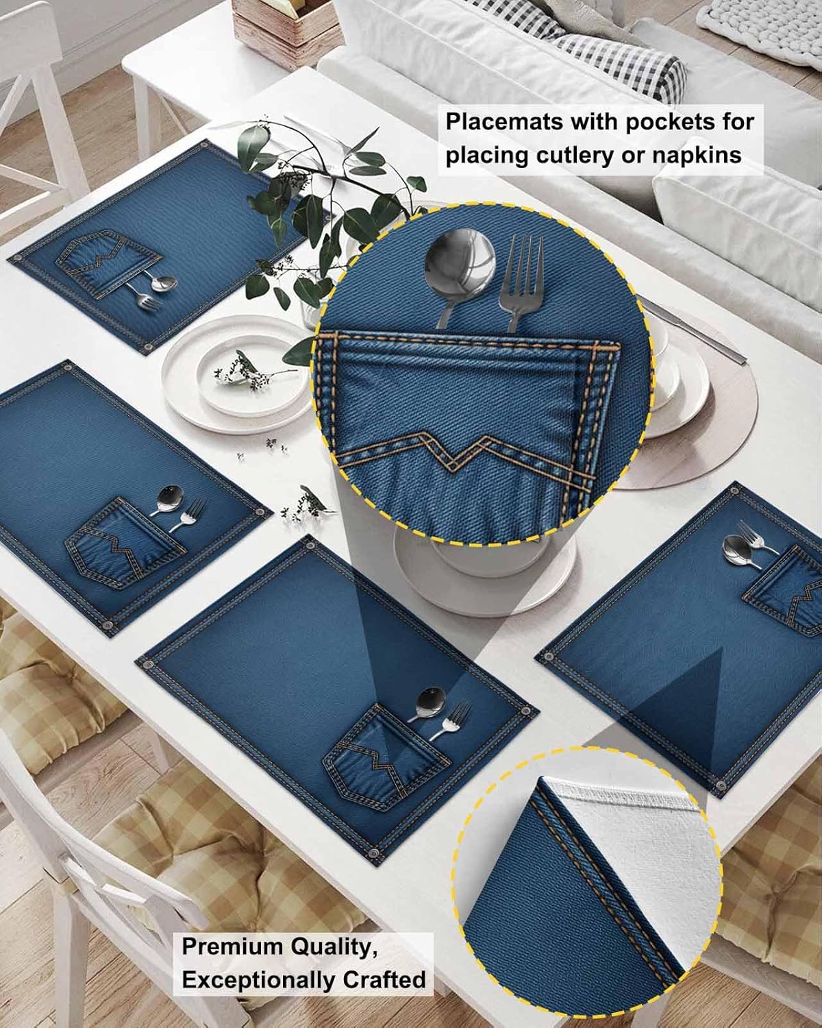 Washable Placemats with Pockets Set of 2 Retro Denim Pattern Cotton Linen Cloth Kitchen Place Mats for Dining Table, Navy Blue Non-Slip Heat Resistant Wipeable Table Mats Kitchen Decor Accessories