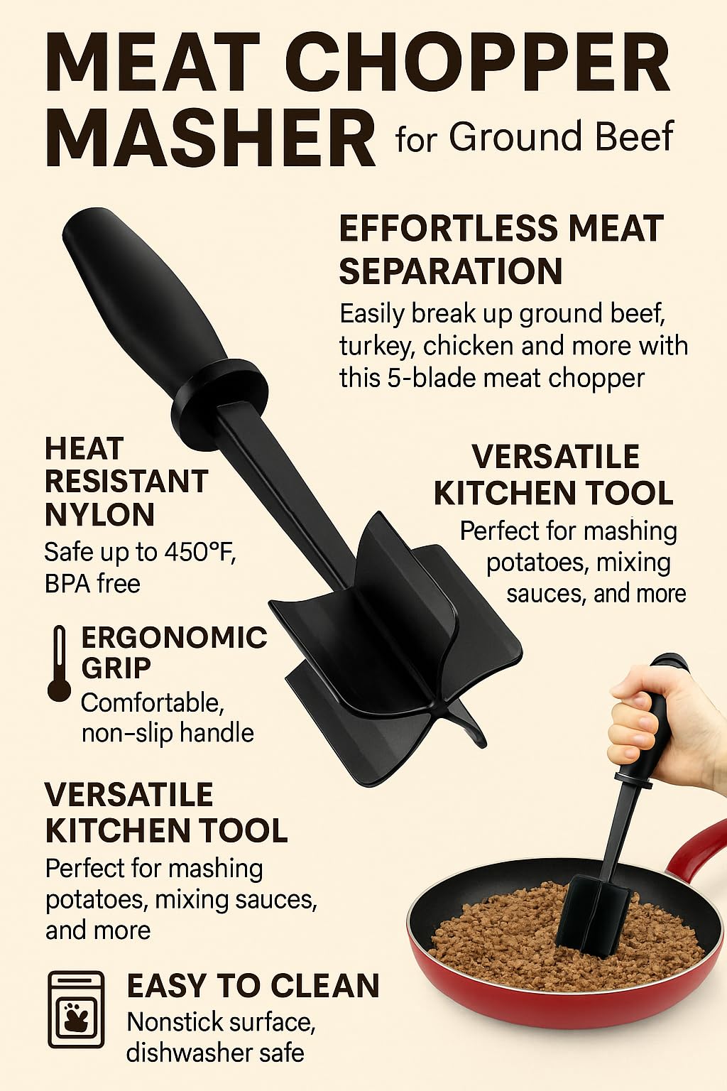 Zak.kitchen Ground Meat Chopper, 5 Blade Nylon Masher Tool, Heat Resistant Kitchen Utensil