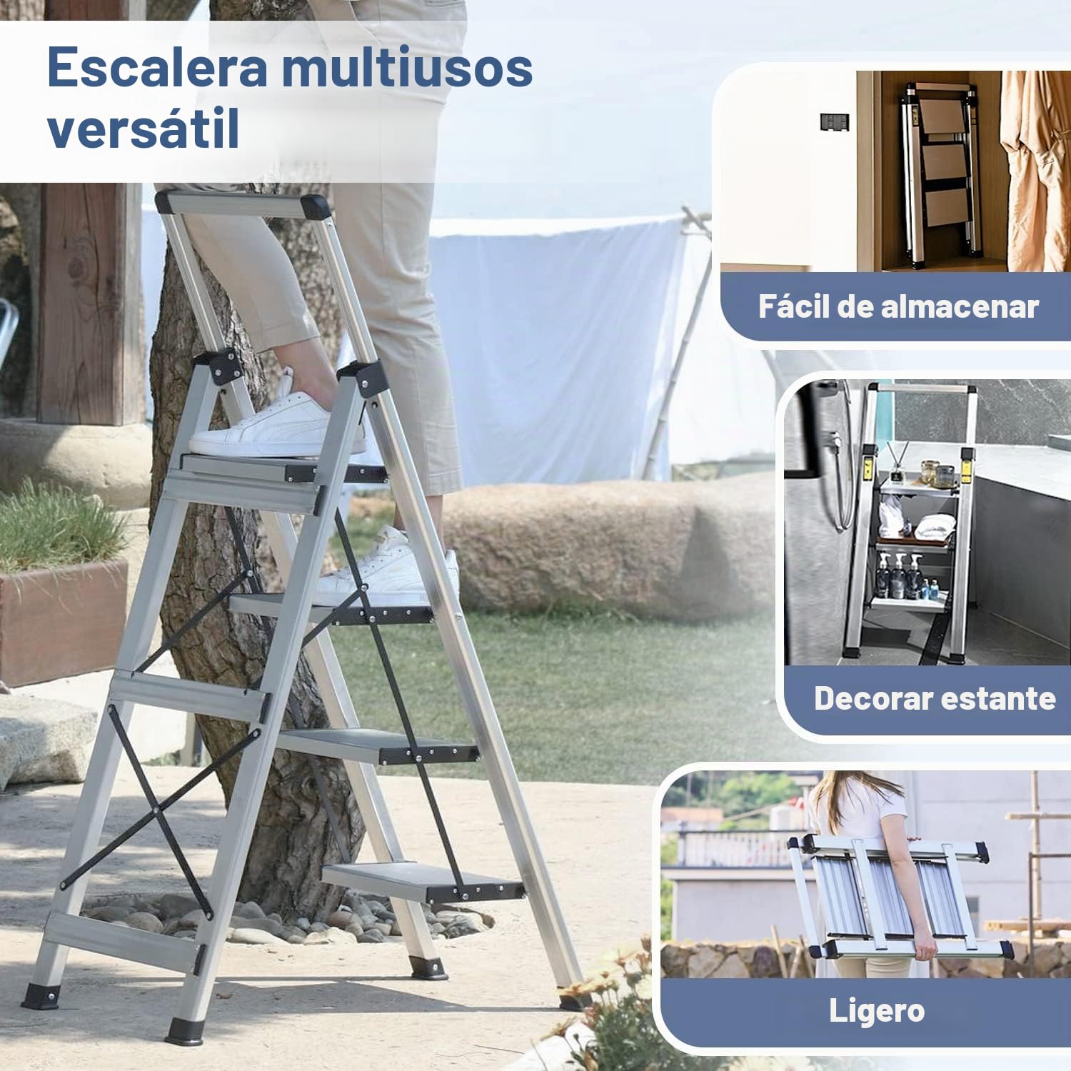 XinSunho Escalera 4 Peldaños Aluminio, Escalera Plegable con Pasamanos Extensible, Bandeja para Herramientas, Escalera de Tijera Antideslizante, Escalera Portátil para casa y Oficina, Carga Máx 150kg