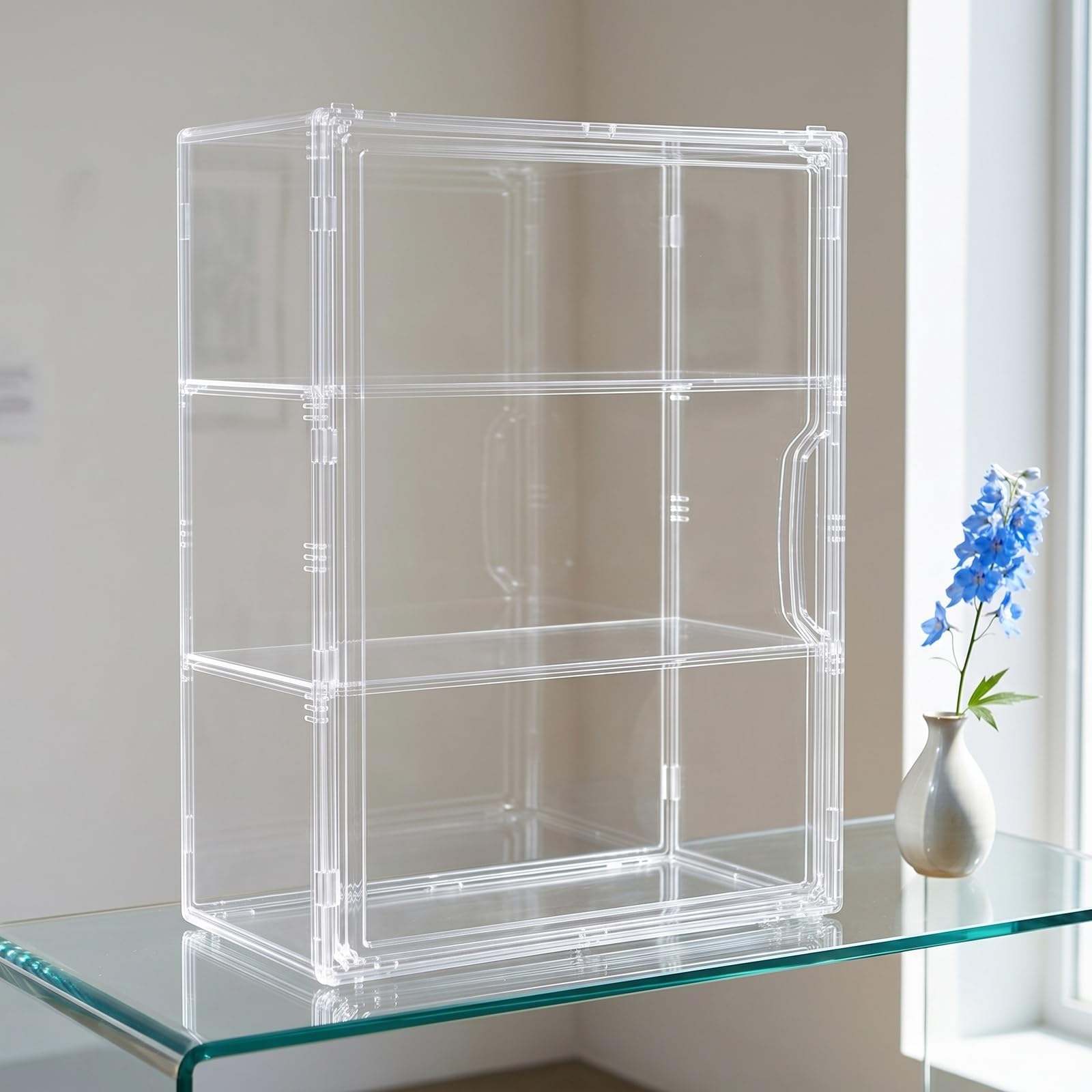 Vitrine Acrylique Empilable à 3 Niveaux avec Porte Magnétique, Boîte de Présentation Transparente pour Figurines, Objets de Collection, Antipoussière et Facile à Monter (36x13x27cm)