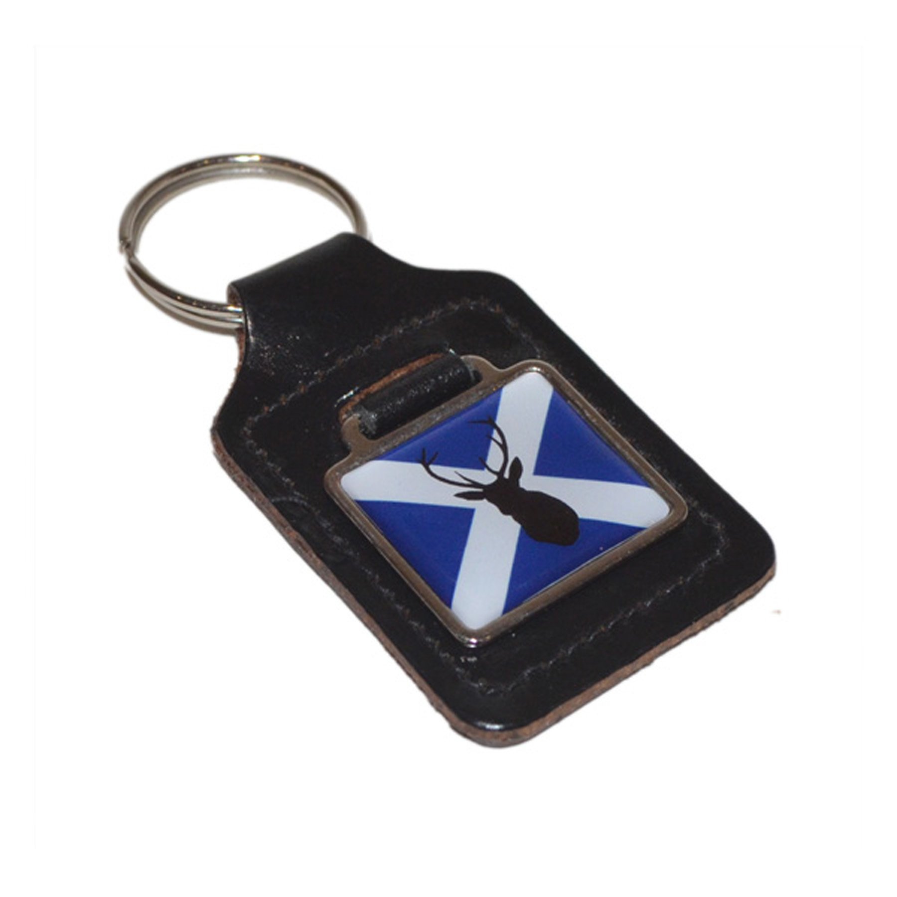 Gtr-Gifts Multi Black Bonded Leather Key Ring Scottish Saltire Flag Stag Design
