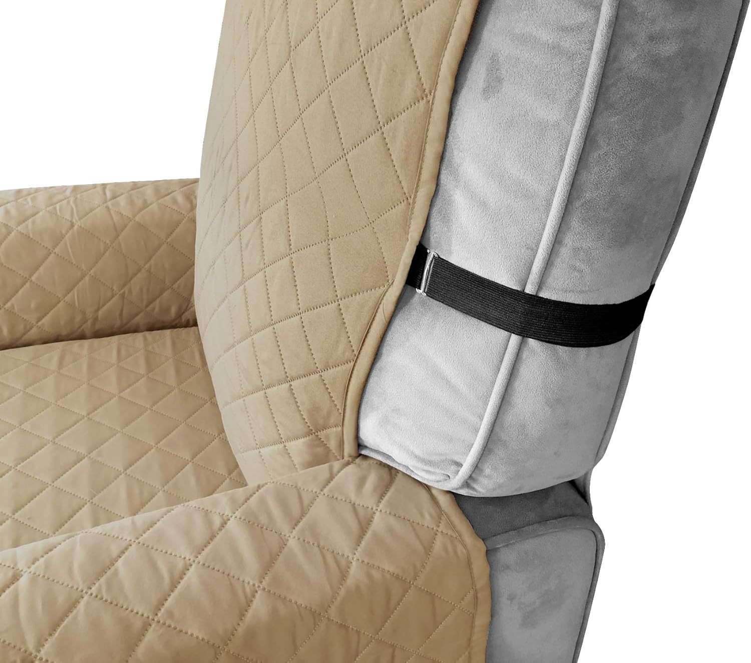 Waterproof Reversible Recliner Slipcovers Sand Color Recliner Chair Cover Width Up to 28 Inch With Side Pocket Non Slip Washable Furniture Protector With Elastic Strap For Kids(Sand Color, Large)
