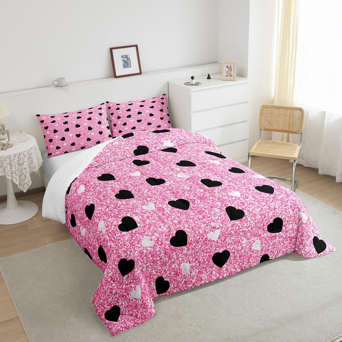 Feelyou Boys Girls Glitter Love Heart Comforter Toddler Size, Pink Black Comforter Set for Kids Toddler Cartoon Love Heart Bedding Set Heart Pattern Duvet Set Microfiber Bed Set
