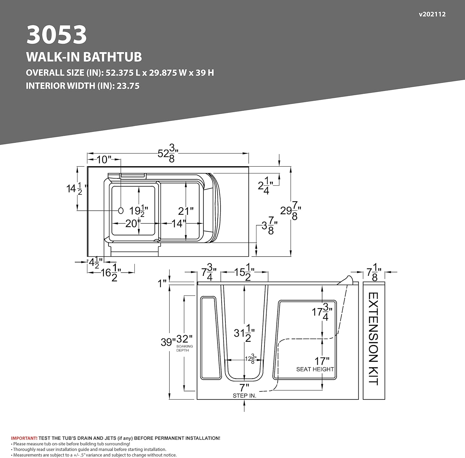 ANZZI Walk-In Bathtub Dimensions