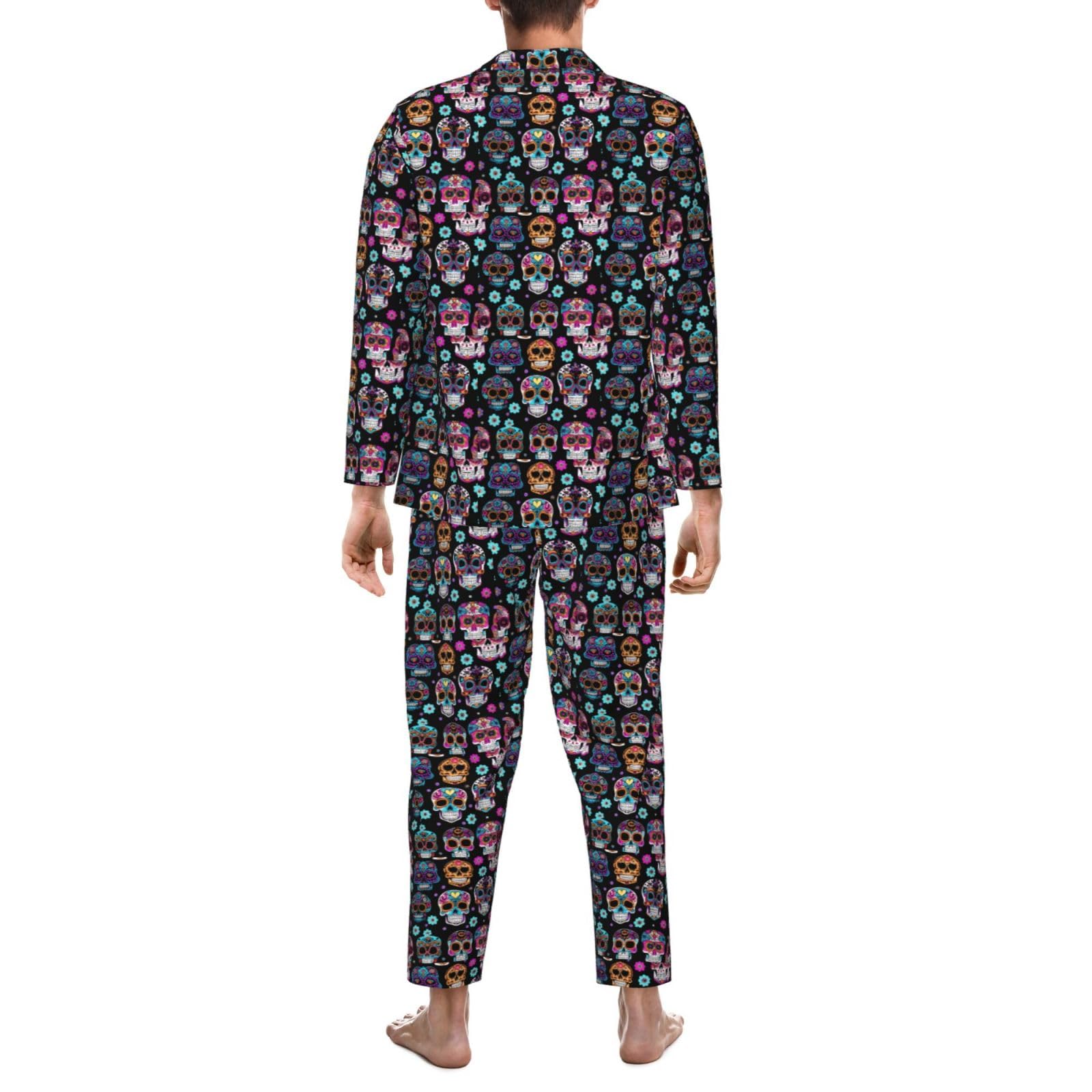 Herren-Pyjama-Set mit Totenkopf-Aufdruck, langärmelig, zweiteilig, Hauskleidung, bequeme Nachtwäsche