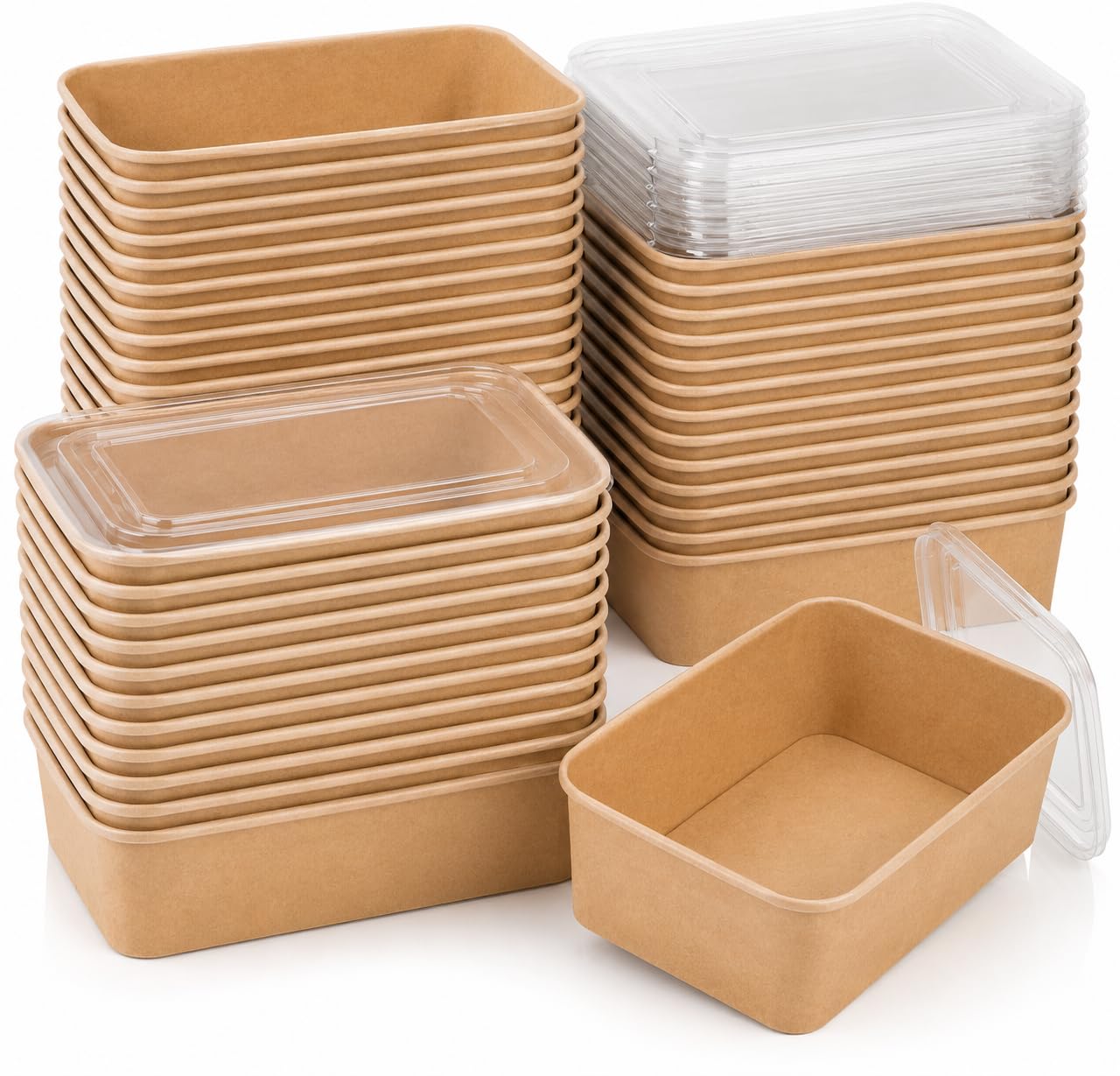 E Kraft Brown With Clear Lid Greenwize Kraft Paper Food Containers With Clear Lids, Rectangular, 650Ml, Meal Prep, Catering, Takeaway, 50 Pack