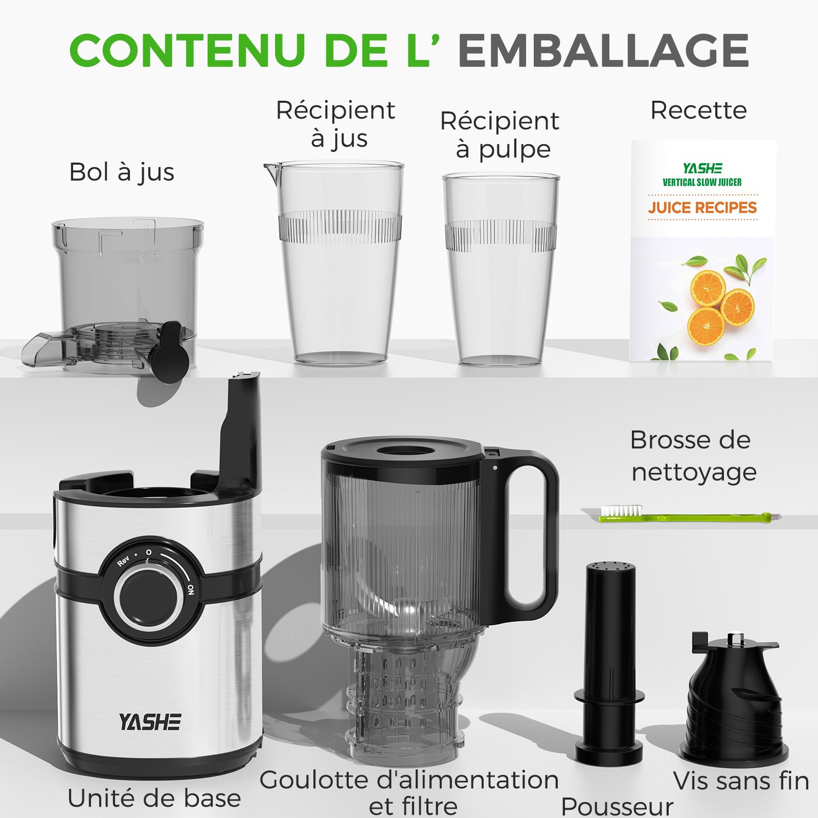 YASHE Extracteur de Jus à Froid, Slow Juicer 127 mm, 50 Tr/Min, Sans BPA, Noir