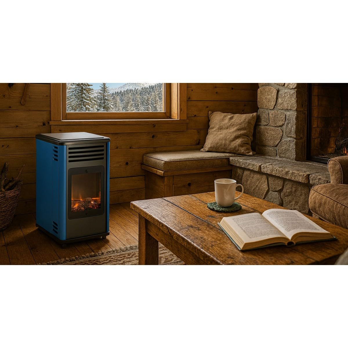 Sahara - Poêle à gaz 3,4KW Bleu et Noir Effet poêle à Bois Manhattan Chauffage d'appoint + Tuyau gaz + Détendeur Butane