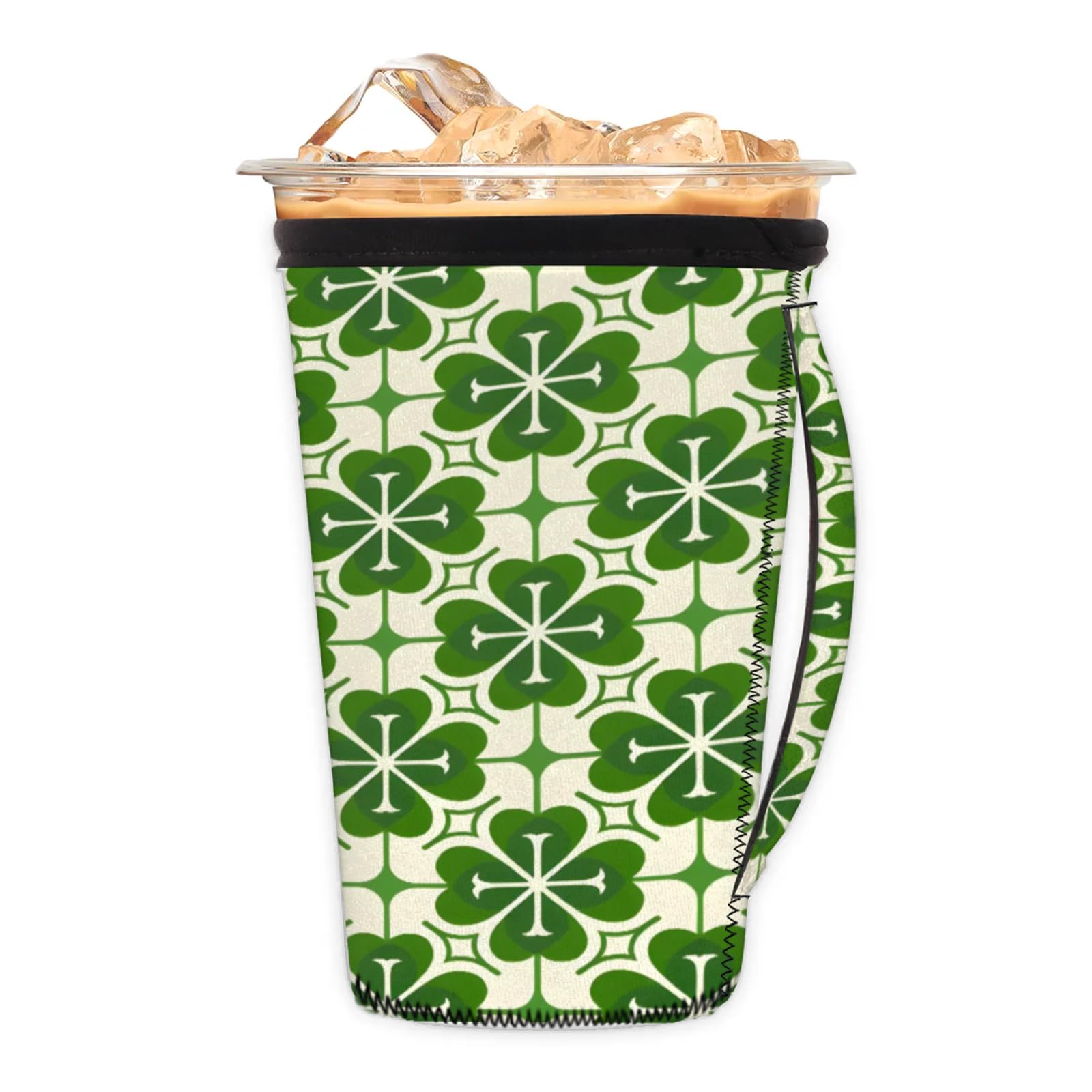 Four Leaf Clover Pattern Reusable Neoprene Coffee Sleeve with Handle Insulated Iced Coffee Cup Holder Reduces Condensation Fits 24-28 oz Cups M