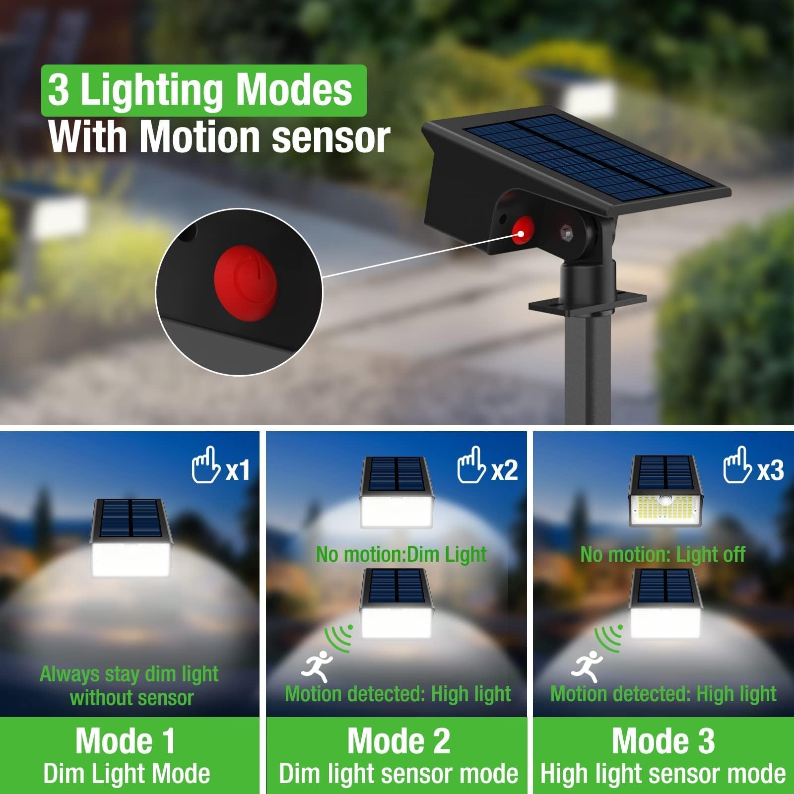 nipify 3 Pezzi Faretti Solari a LED da Esterno con Sensore di Movimento 62LED 3 Modes Lampade da Giardino, IP65 Impermeabile Luci Lampioni per Cortile, Vialetto, Bianco Freddo