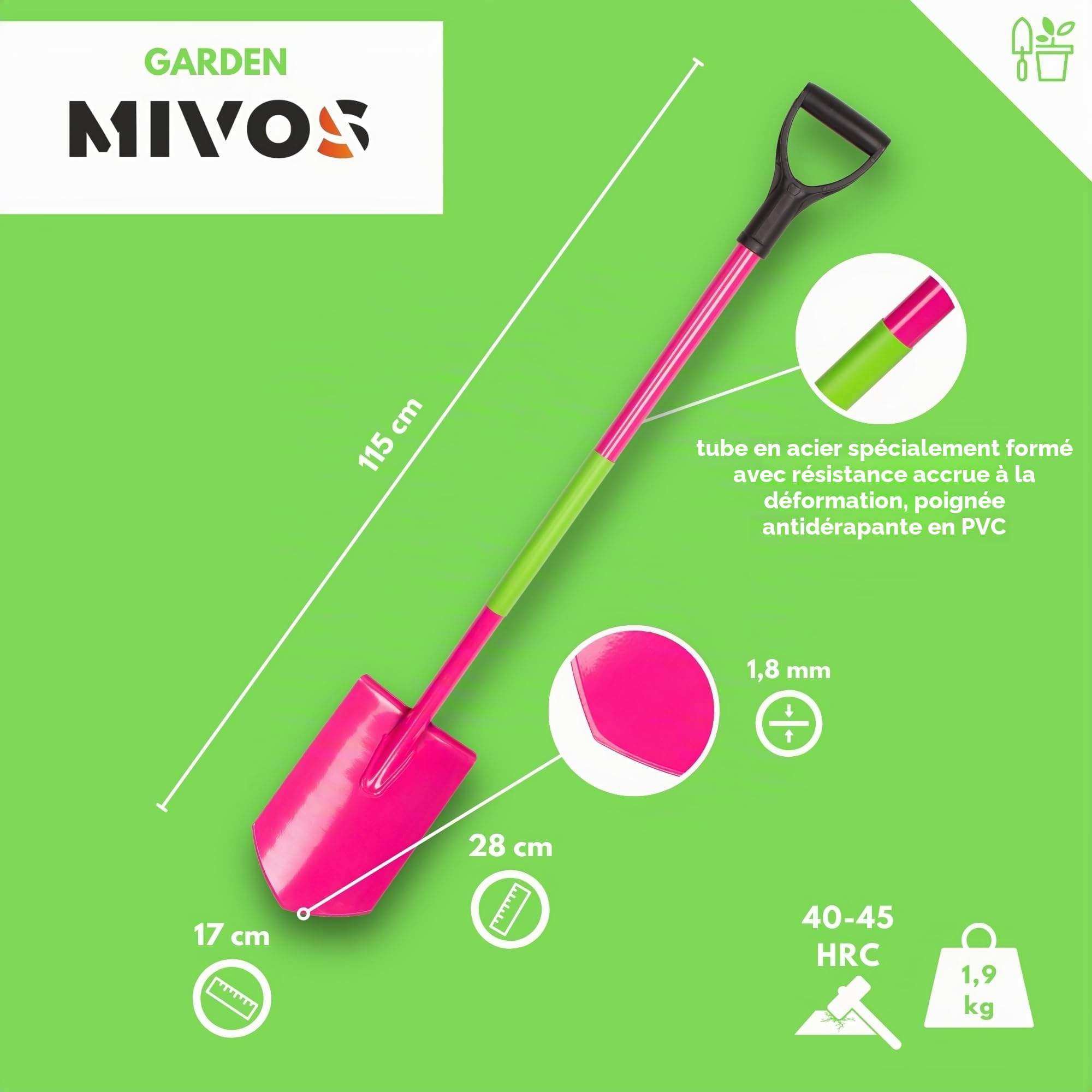 Mivos Bêche Ergonomique en Acier au Bore trempé - 115 cm - avec Manche Ergonomique et poignée en D - pour Femme - avec Lame Pointue et Bord Large - Fabriquée en Union Européenne