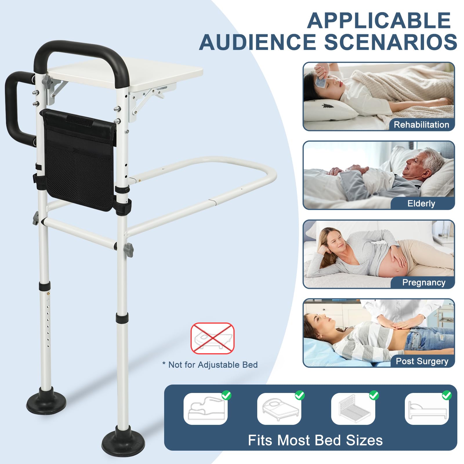Sponda per letto per anziani e adulti, con tavolo pieghevole, tasca portaoggetti, luce sensore, guida di assistenza regolabile in altezza con manico ergonomico antiscivolo e barra di supporto