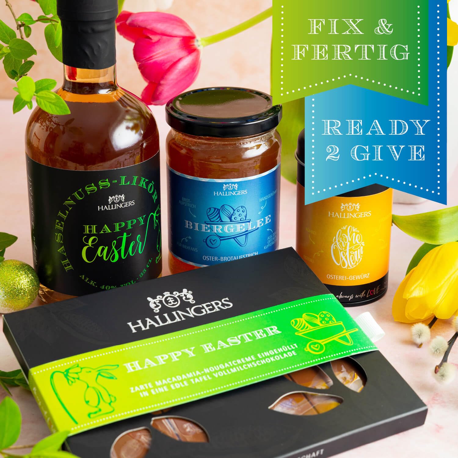 Hallingers Genuss Manufaktur Feinkost Oster-Geschenk-Set - XXL-Wundertüte "Gruß vom Osterh..." großes Osternest Ostertafel, Biergelée, Likör & Osterei-Gewürz, Ostern Körbchen für Frauen Männer