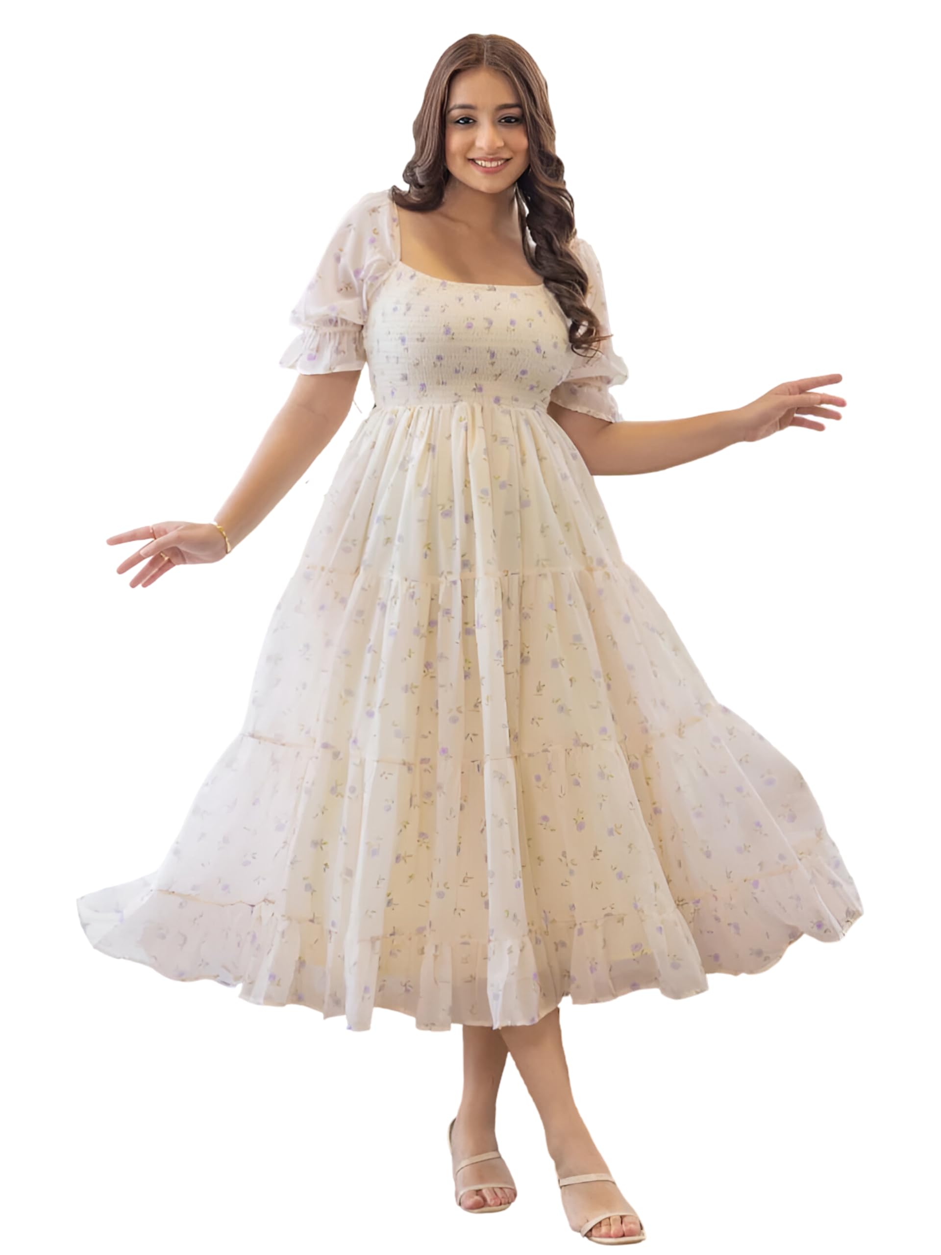 | Dress for Women | Midi Length | Flared Hem | Puff Sleeve | Square Neck | Smocked Bodice