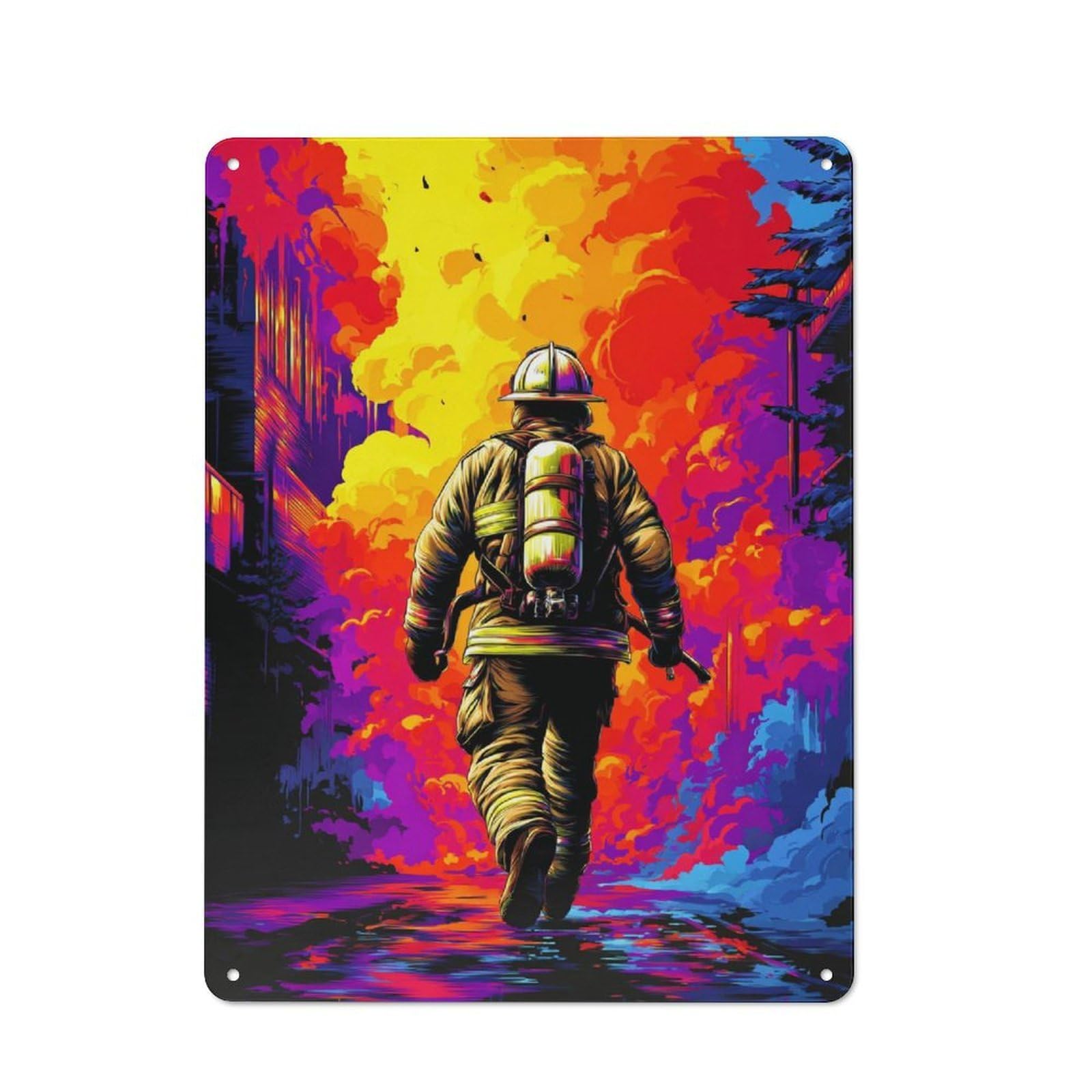 Junmoney Firefighter Braving Flames -2 Tin Wall Plaque 40X30cm, Rustic Farmhouse Wall Decor For Dining Room, Cafe, Entryway Or Family Room